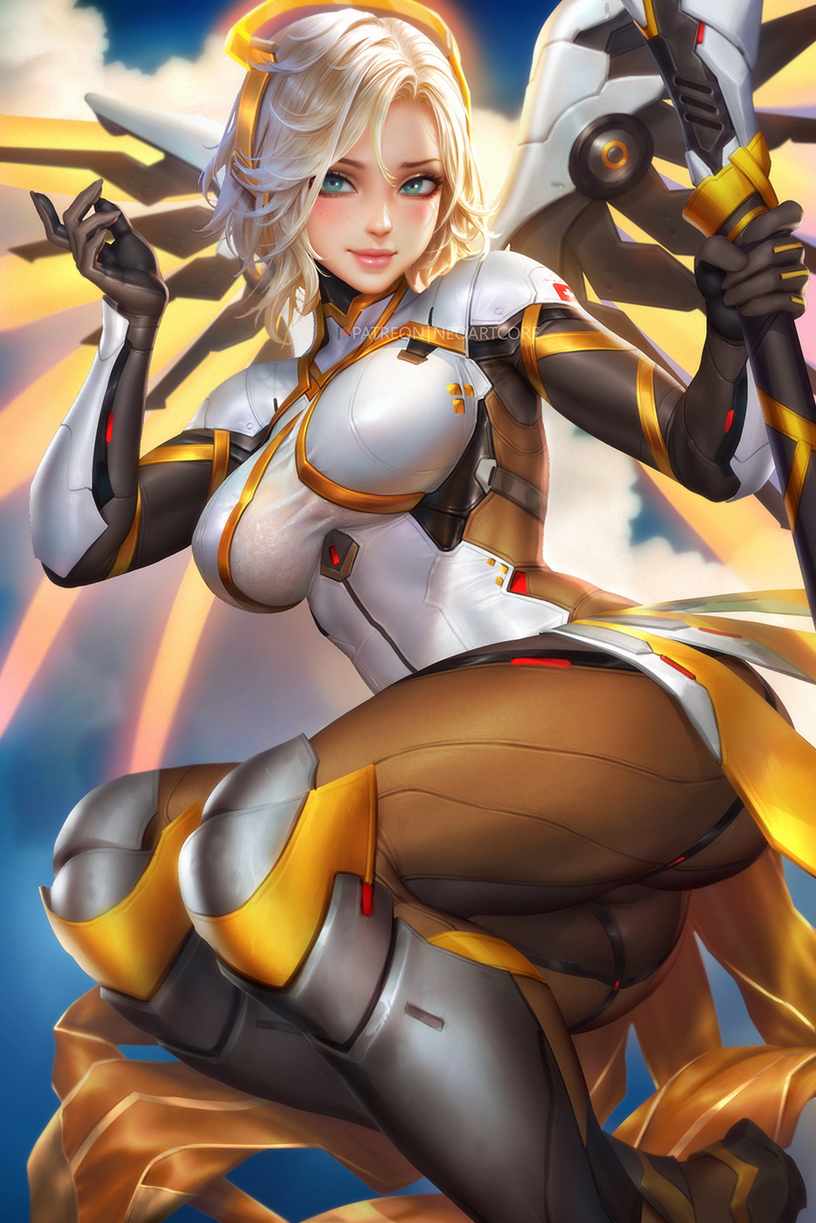 blizzard entertainment, blonde, breasts, female, large breasts, looking at viewer, mercy, neoartcore, nudtawut thongmai, overwatch, thick thighs, wings