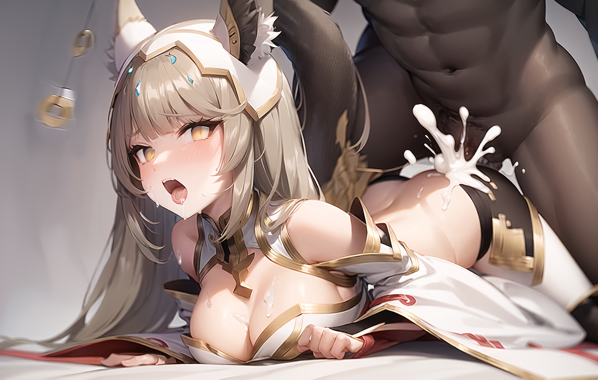 ai generated, ass, ass cleavage, ass crack, breasts, butt crack, cat ears, cleavage, clothed, clothing, cum, cum in pussy, cum inside, drooling, female, hypnosis, long hair, looking pleasured, medium breasts, nia (xenoblade), open mouth, pussy, xenoblade (series), xenoblade chronicles 2, xenoblade chronicles 3, yellow eyes