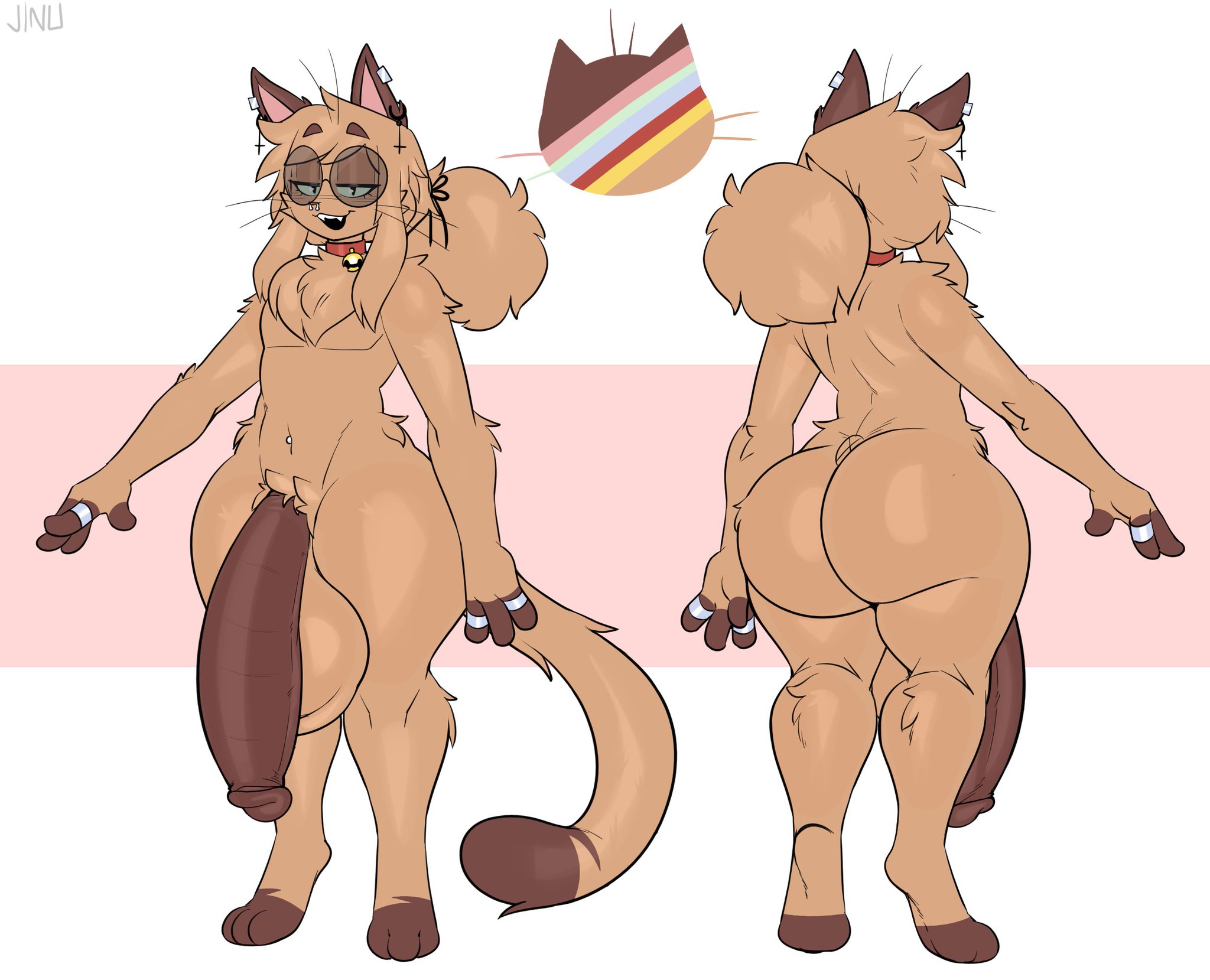 1boy, 3 toes, 4 fingers, anthro, ass, balls, barefoot, bell, better version at source, better version available, big ass, big balls, big penis, cat boy, cat ears, cat tail, catboy, collar, dark penis, feet, femboy, higher resolution at source, higher resolution available, hung trap, jinu, jinu (character), male, male only, naked, neko, nude, nude male, penis, penis out, pierced belly button, pierced ears, pierced nose, piercing, piercings, ponytail, reference, reference image, reference sheet, ring, ring on finger, ring piercing, rings, shades, solo, solo male, thick thighs, toes, wide hips