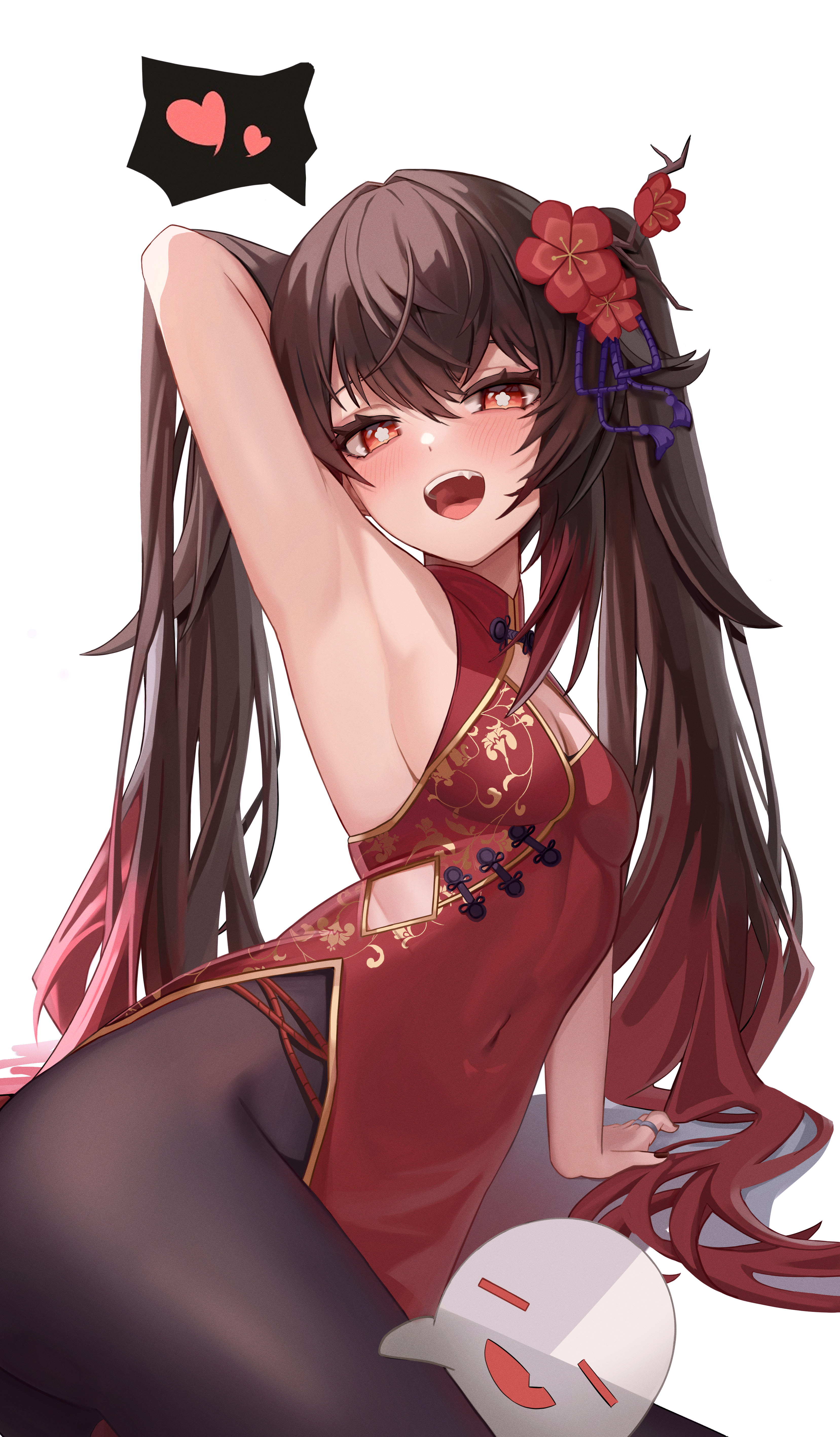 1girls, armpits, arms up, breasts, brown hair, china dress, chinese clothes, female, female only, genshin impact, heart, hi res, hu tao (genshin impact), looking at viewer, mihoyo, open mouth, pantyhose, red dress, red eyes, seductive pose, sideboob, small breasts, teasing, teasing viewer, twintails