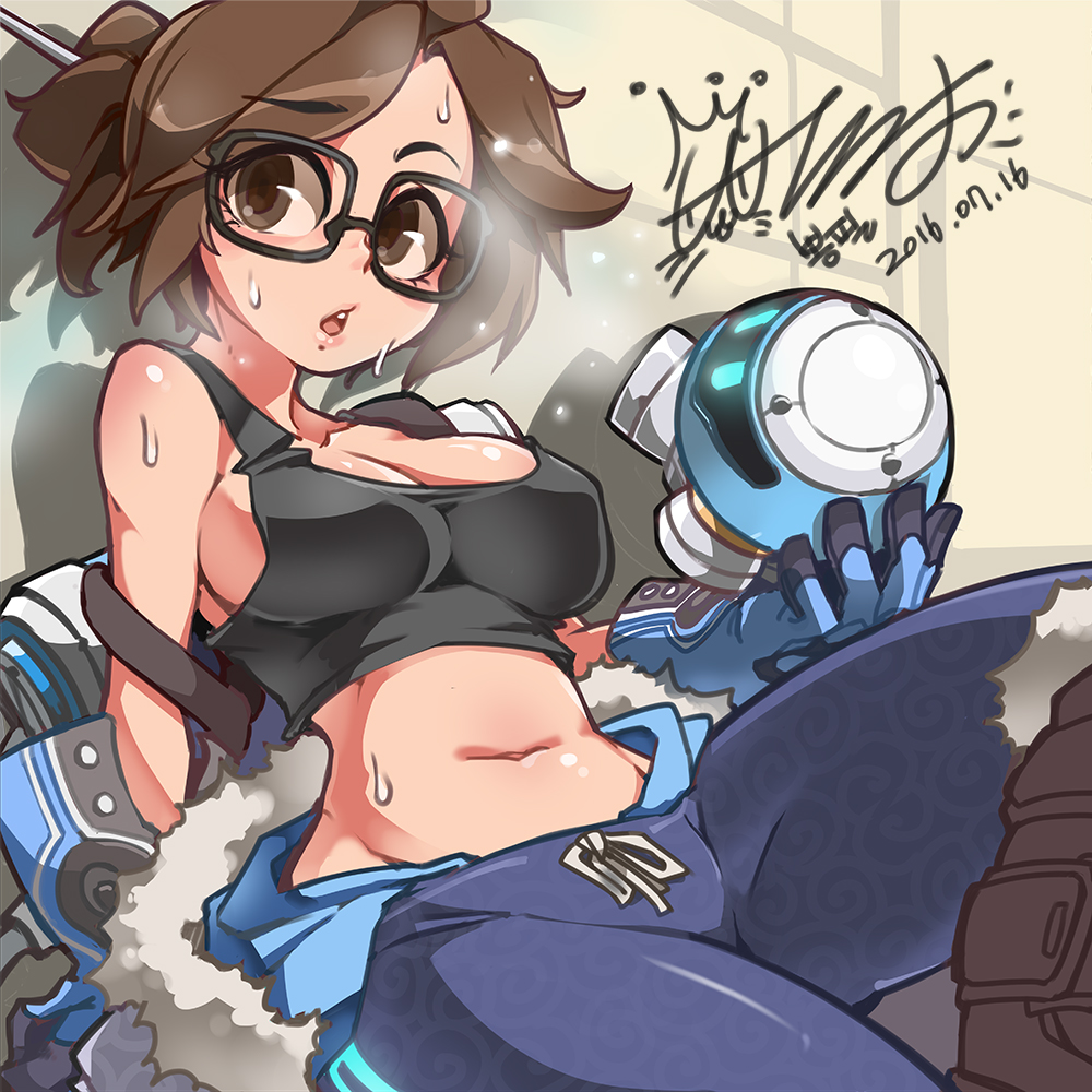 1girls bad_id bad_pixiv_id blizzard_entertainment bongfillstudent breasts brown_eyes brown_hair collarbone dated glasses large_breasts looking_at_viewer mei_(overwatch) mole mole_under_mouth navel open_mouth overwatch short_hair sitting solo sweat tank_top