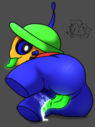 alien antennae big_ass blank_background clothing cum cum_on_leg cum_on_penis dave_and_bambi_mod dingaling_(golden_apple) dingle_(fnf) glowing glowing_eyes glowing_genitalia glowing_penis glowing_tongue green_hat green_penis green_tongue hat hypnotic_eyes laying_on_side looking_at_viewer multicolored_body simple_background tatsu1014 tentacle_cock tentacle_penis tentacle_tongue tongue tongue_out unusual_genitalia unusual_penis whiskers yellow_skin