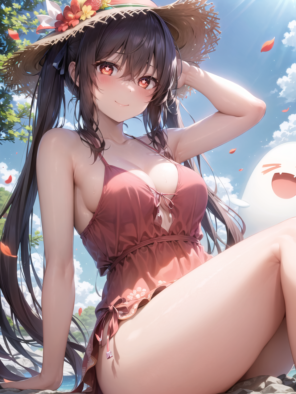 1girls, ai generated, alternate breast size, beach, blush, breasts, brown eyes, brown hair, dress, female, genshin impact, hat, hu tao (genshin impact), large hat, light skin, light-skinned female, long hair, looking at viewer, medium breasts, outdoors, smile, stable diffusion, sun hat, thick thighs, thighs, twintails