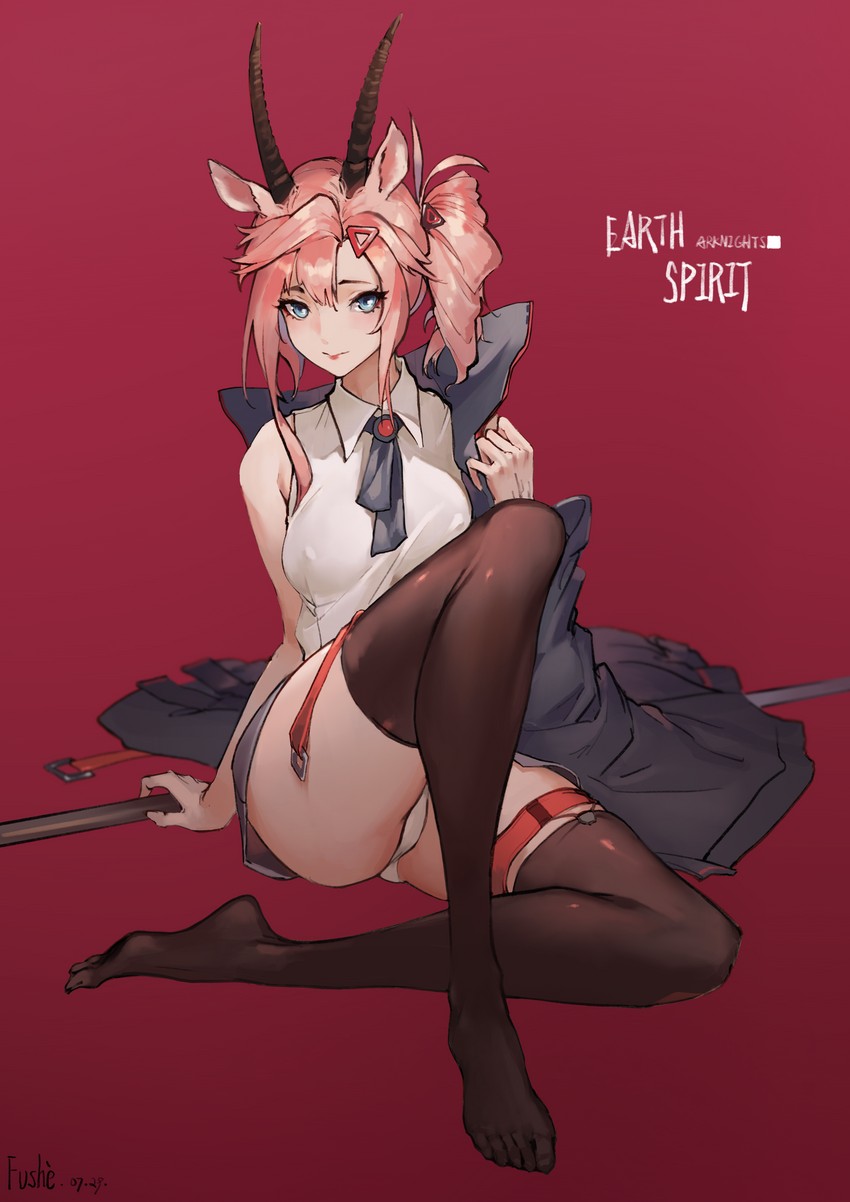 1girls animal_ears arknights blue_eyes coat dress_shirt earthspirit_(arknights) feet fushe goat_horns legs legwear necktie pink_hair shirt shirt_lift simple_background sitting solo staff thighhighs underwear white_panties