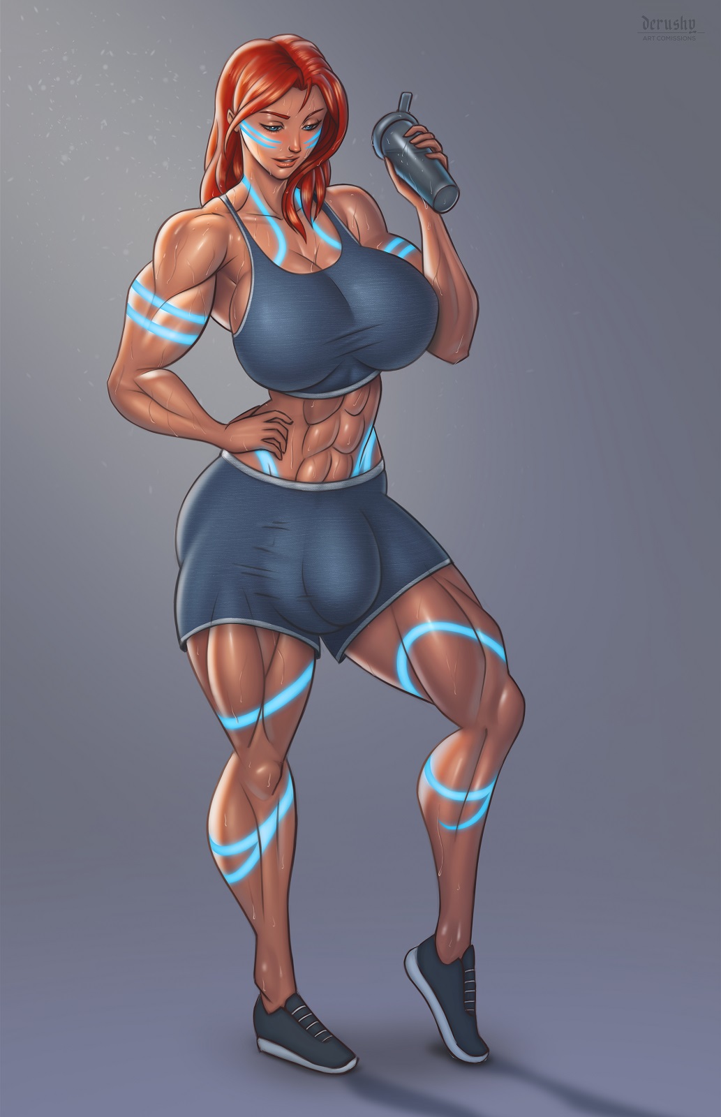 abs athletic_futanari blue_eyes body_markings bulge bulge_through_clothing derushy dominant_futanari futa_only futanari glowing_tattoo goddess gym_clothes gym_shorts huge_balls huge_bulge huge_cock huge_cock mizuki_nagano muscular muscular_futanari red_hair sweaty sweaty_body