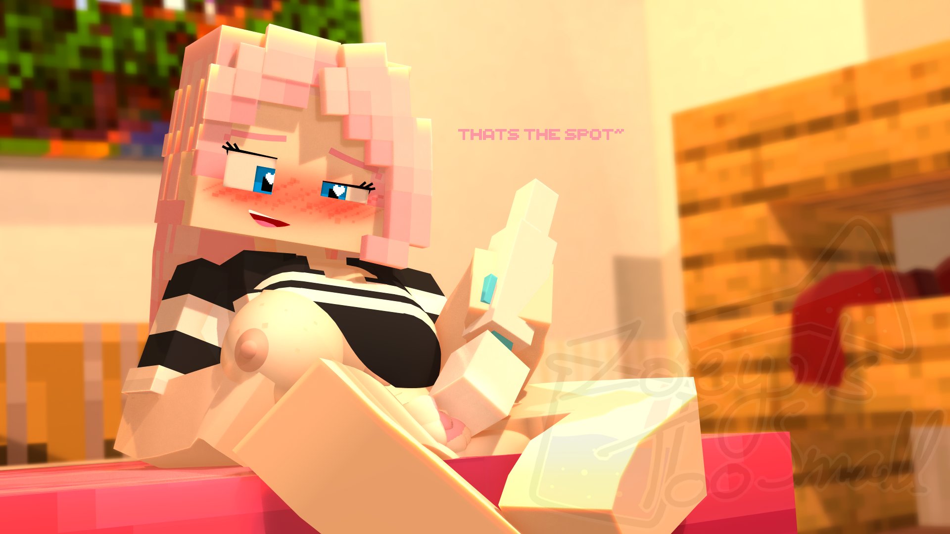 1girls, 3d, areola, artist logo, artist name, blue eyes, blush, breasts, dialogue, english text, female, female only, freckles, freckles on breasts, freckles on face, heart-shaped pupils, hitachi magic wand, light skin, light-skinned female, masturbation, mine-imator, minecraft, nipples, one breast out, open mouth, pink hair, pussy, sex toy, solo, solo female, text, upper teeth, vagina, vibrator, watermark, zoey (zoeyistoosmall), zoey is too small