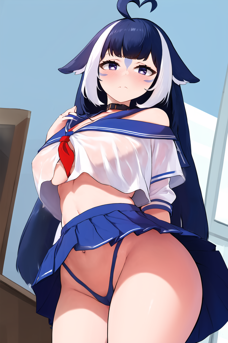 1girls ahoge ai_generated bad_anatomy bad_hands blue_skirt blue_thong blush cameltoe crop_top_overhang dark_blue_hair facepaint female female_only frown indie_virtual_youtuber light-skinned_female light_skin looking_at_viewer multicolored_hair pleated_skirt sailor_uniform school_uniform schoolgirl shylily skirt solo thong underwear unsensir upskirt virtual_youtuber wet wet_clothes white_hair