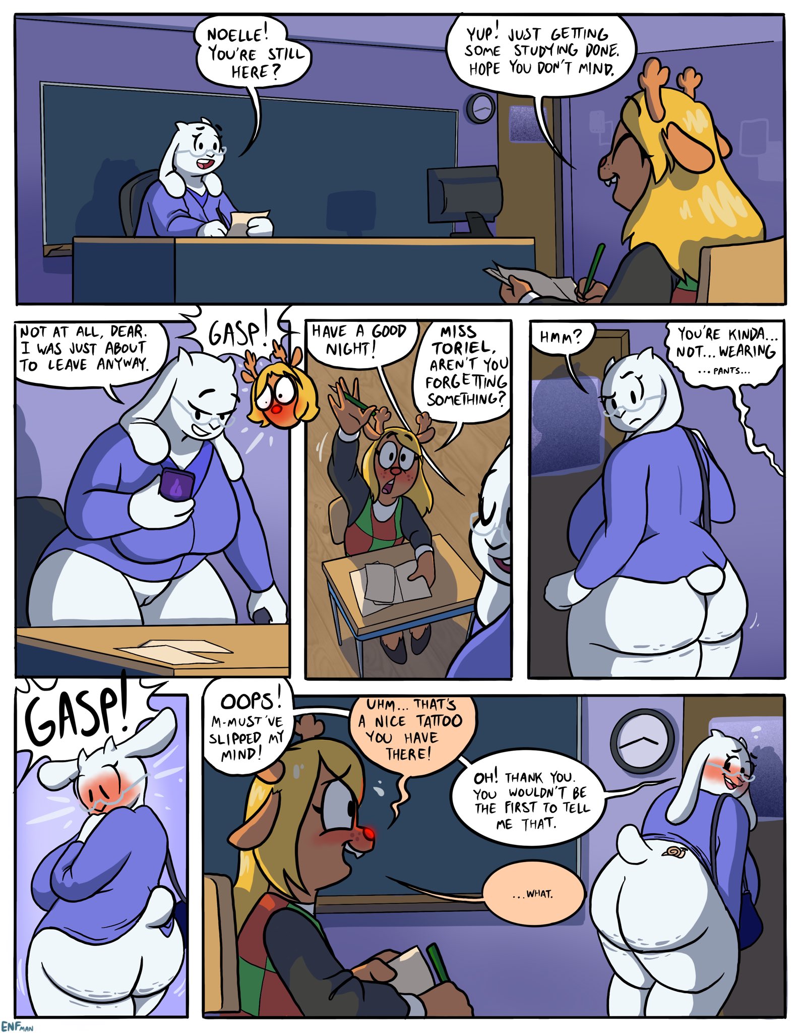 2d, anthro, ass, big ass, big butt, blush, bottomless, bovid, breasts, bubble ass, bubble butt, capreoline, caprine, cellulite, chubby, clothed, clothing, color, comic, deer, deltarune, dialogue, duo, embarrassed, english, english dialogue, english text, female, furry, genitals, goat, hi res, huge breasts, mammal, milf, noelle holiday, pussy, rear view, reindeer, tagme, tattoo, teacher, text, theenfman, thick thighs, toriel, unaware exhibitionist, uncensored, undertale, undertale (series)