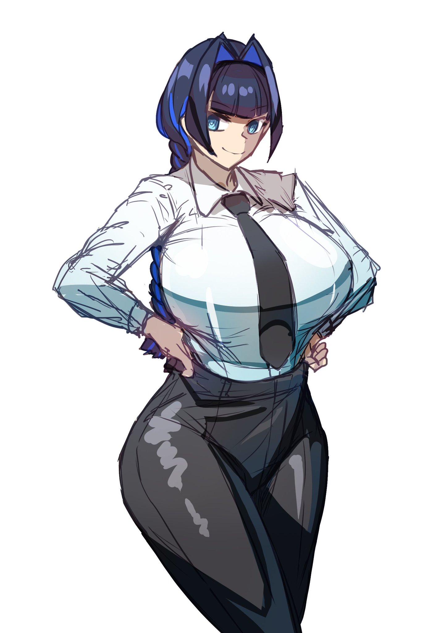 artist name, big breasts, blue eyes, blue hair, braided hair, braided ponytail, breasts, busty, cell (artist), chainsaw man, child bearing hips, clothed, cosplay, female, fu cell, ghgnvm, hips, hololive, hololive english, hololive english -council-, hololive english -promise-, huge breasts, huge hips, large breasts, makima (chainsaw man) (cosplay), multicolored hair, office clothing, office lady, ouro kronii, smile, smiling, spiral eyes, suit, tagme (artist), thick, thick thighs, tie, tight clothes, tight clothing, tight fit, tight pants, virtual youtuber, vtuber, white background, work uniform