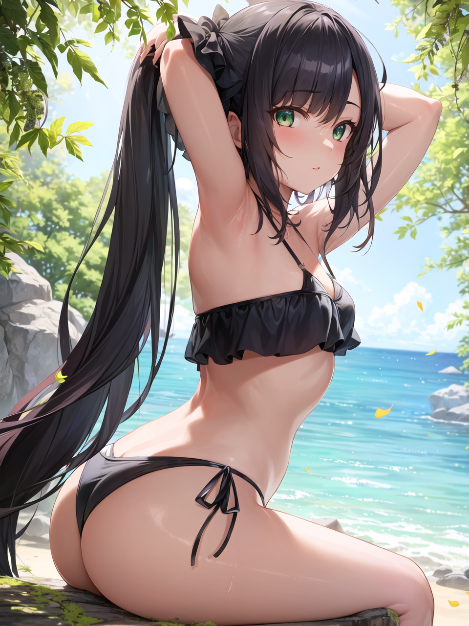 1girls, ai generated, ass, ass cleavage, ass crack, beach, bikini, black bikini, black hair, breasts, butt crack, female, genshin impact, green eyes, large ass, light skin, light-skinned female, long hair, medium breasts, midriff, mona (genshin impact), navel, outdoors, stable diffusion, thick thighs, thighs