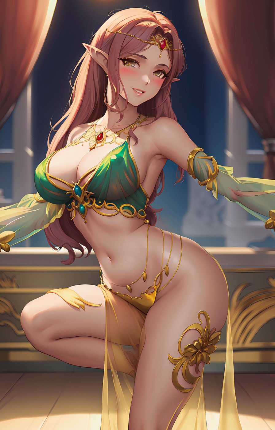 1girls, ai generated, belly dancer, big breasts, bikini, breasts, busty, cleavage, curvaceous, curvy, curvy body, curvy female, curvy figure, elf, elf ears, elf female, elf girl, female, high resolution, highres, large breasts, long hair, red hair, seductive eyes, smile, stable diffusion, underwear, voluptuous