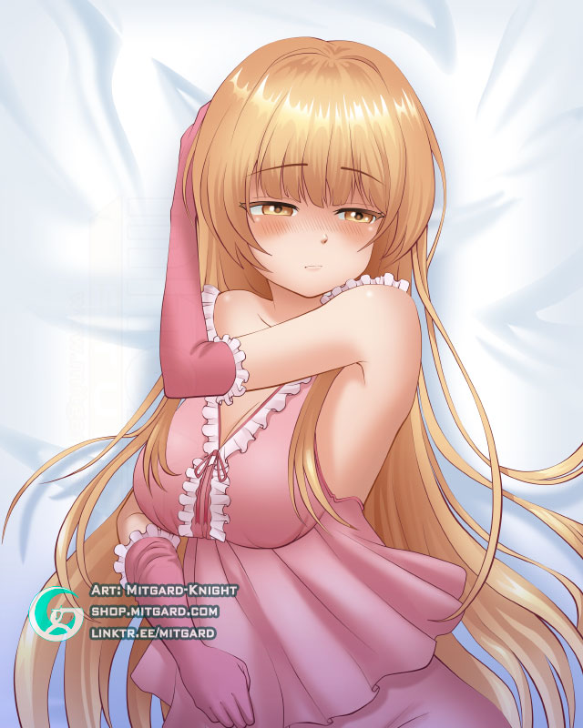 amber_eyes artist_logo artist_name bed bed_sheet blonde_hair blush breasts dakimakura frills lingerie long_gloves long_hair mitgard-knight otonari_no_tenshi-sama_ni_itsu_no_mani_ka_dame_ningen_ni_sarete_ita_ken pajamas pink_dress pink_gloves shiina_mahiru sleepy tagme