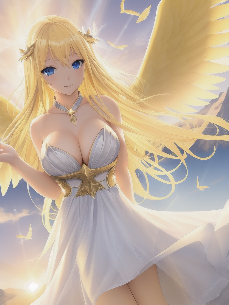 1girls ai_generated angel angel_wings blonde blonde_hair blue_eyes cleavage dress female flying large_breasts long_hair looking_at_viewer original original_character shmebulock36 solo sunlight thighs white_dress yellow_hair