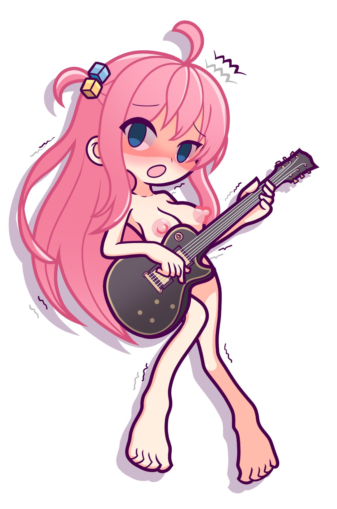 1girls big_breasts blue_eyes bocchi_the_rock! embarrassed_nude_female enf female female_only furii_(artist) gibson_guitars gotou_hitori guitar hair hair_ornament les_paul long_hair naked nipples pink_hair puyo_puyo_artstyle trembling