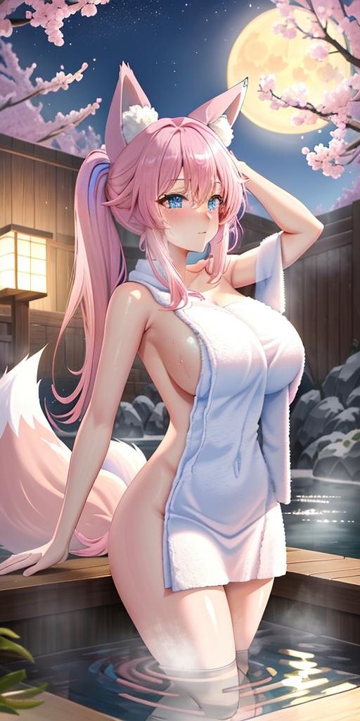 ai_generated big_breasts blue_eyes fox_ears fox_tail japanese_onsen night onsen pink_hair pinkeiru_(vtuber) sakura_tree towel towel_only virtual_youtuber water wet white_skin