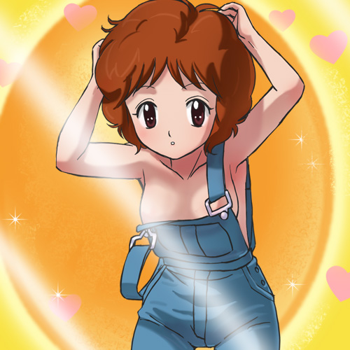 1girls barely_clothed blush brown_eyes convenient_censoring dark_hair morimura_aiko_(ohayou!_spank) naked_overalls naked_under_clothes ohayou!_spank open_mouth overalls small_breasts visible_breasts