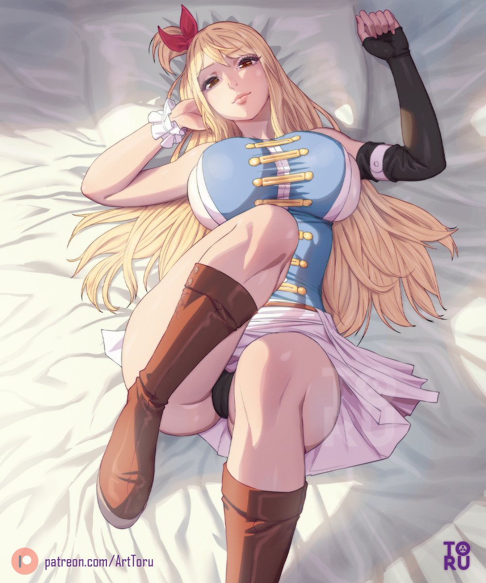 1girls, arttoru, black panties, blonde hair, blonde-haired female, breasts, clothed, fairy tail, female, huge breasts, light skin, light-skinned female, long hair, lucy heartfilia, lying on back, panties, pantyshot, short skirt, skirt, small panties, thick thighs