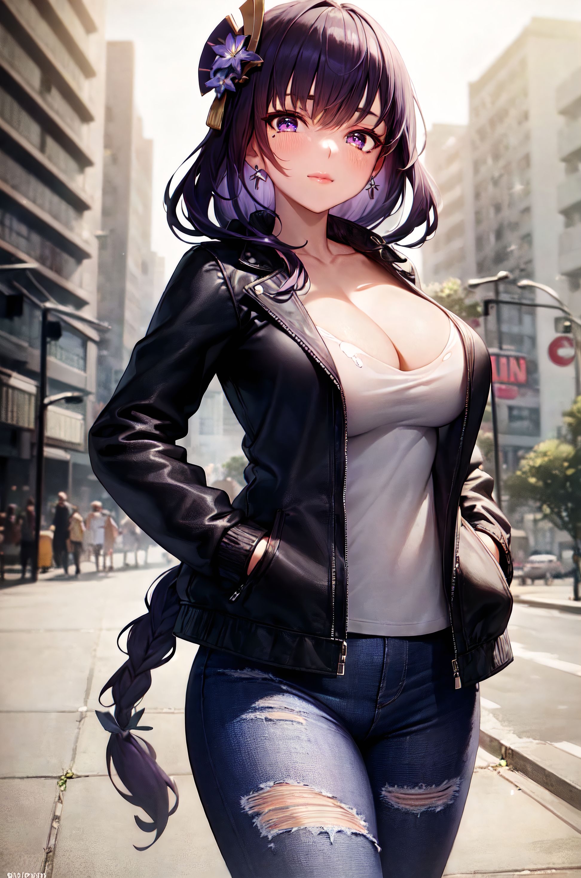 1girls, ai generated, curvaceous, curvy, curvy body, curvy female, curvy figure, denim jeans, female, female focus, female only, genshin impact, highres, long hair, mihoyo, raiden shogun, seductive eyes, voluptuous, voluptuous female