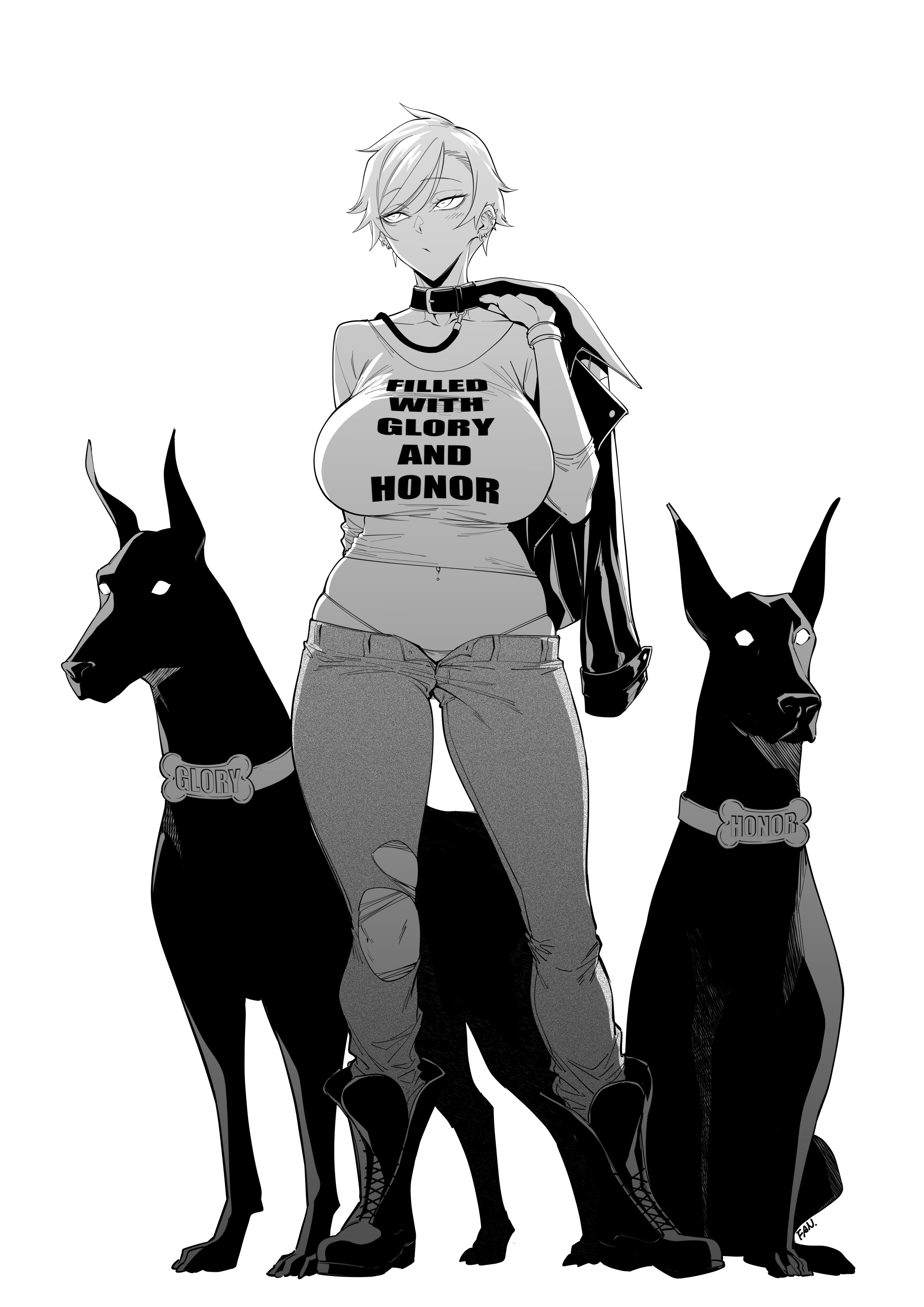 1girls, canine, dog collar, dog leash, fan (f.w.zholic), female, fully clothed, implied bestiality, ripped jeans, tagme, zoophilia