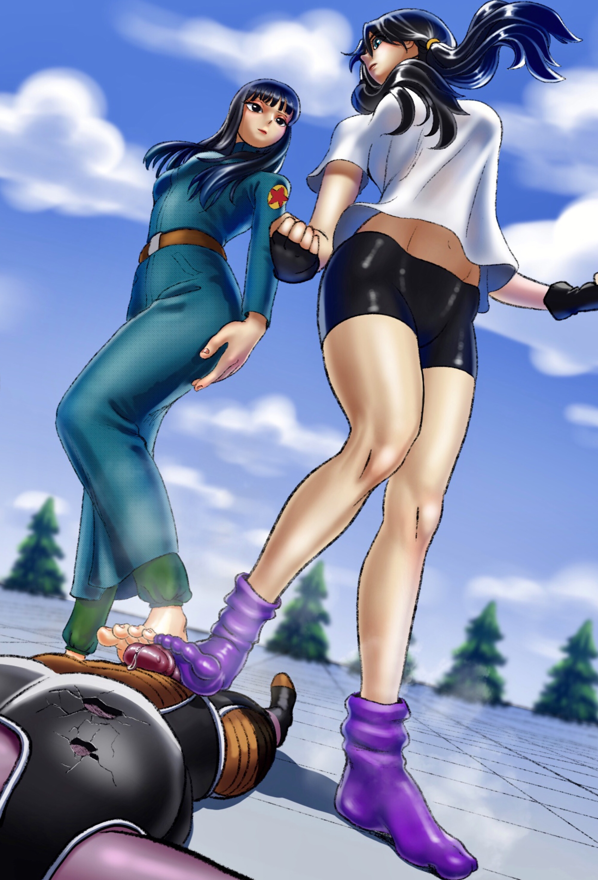 2girls, anklehighs, barefoot, black hair, dragon ball, dragon ball z, feet, female, fingerless gloves, foot fetish, foot focus, footjob, footjob with legwear, footjob with one foot, loose socks, mai (dragon ball), male, malesub, midriff, no shoes, penis, precum, purple socks, smelly feet, socks, spats, steam, steamy feet, stepped on, videl, white shirt