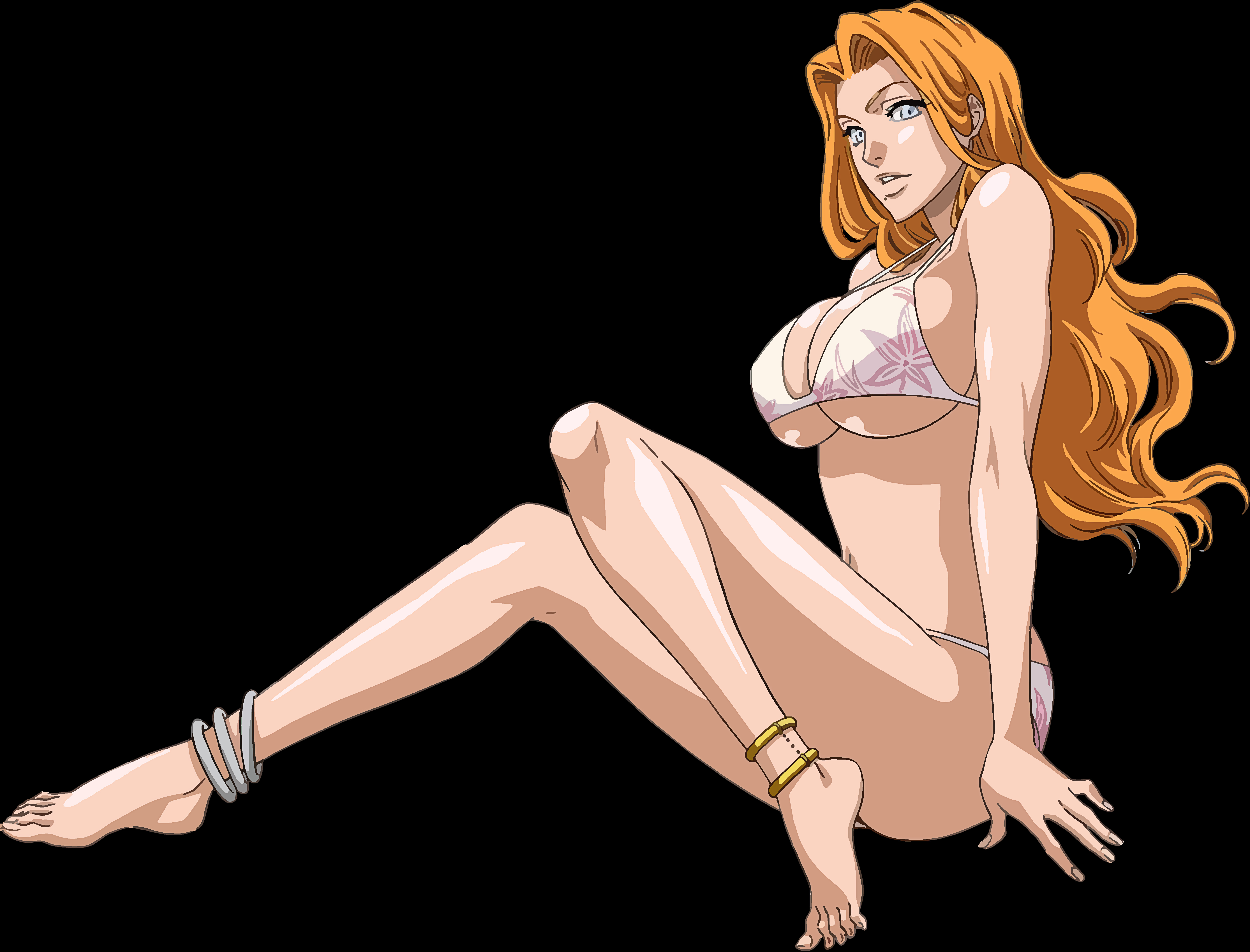 1girls, arm support, big breasts, bikini, bleach, breasts, busty, cleavage, fat breasts, feet, female, flat belly, huge breasts, legs, long hair, looking at viewer, matsumoto rangiku, navel, official art, orange hair, parted lips, sitting, solo, thighs, underboob, voluptuous