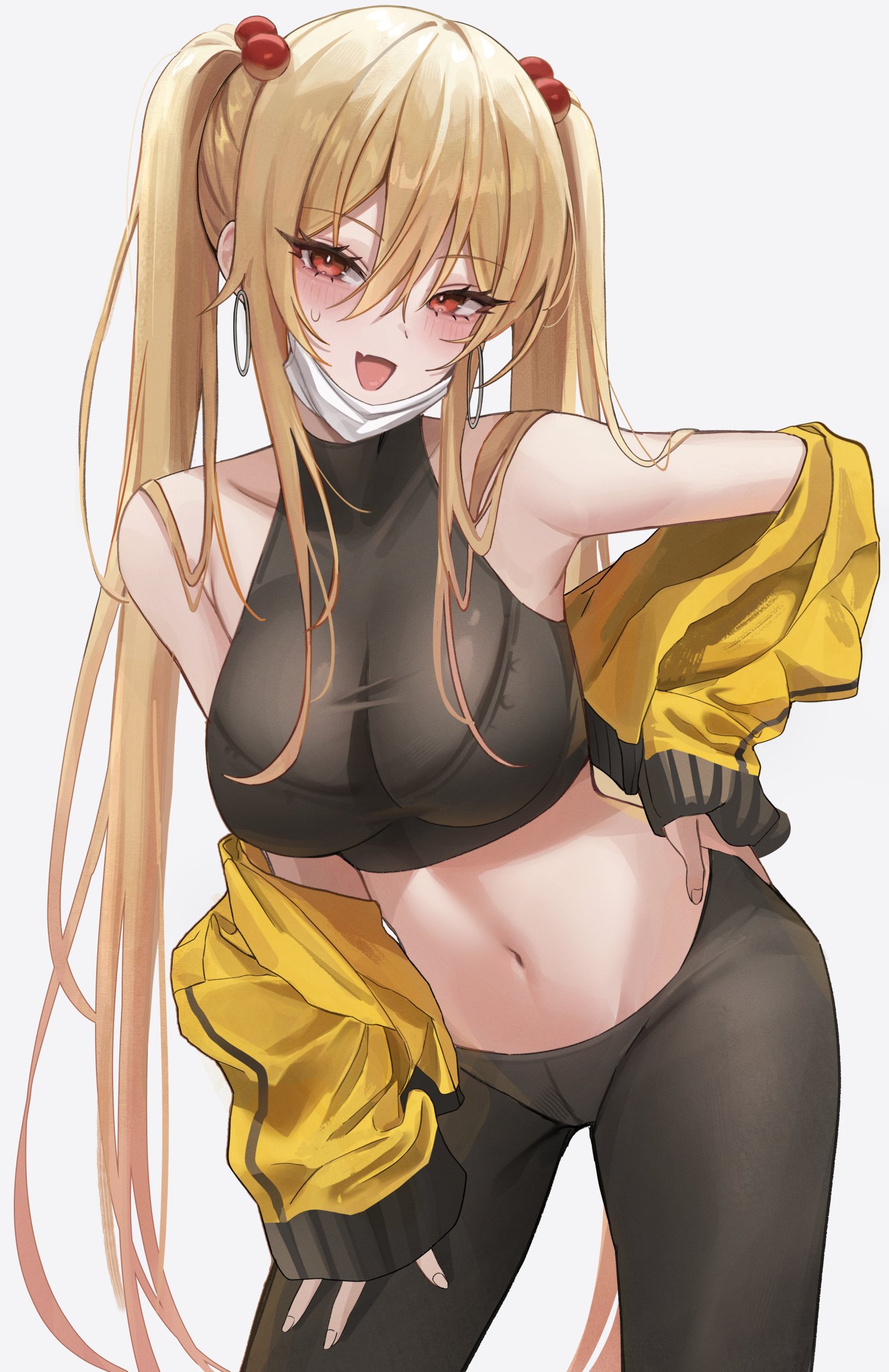 1girls, biya, blonde hair, breasts, crop top, female, jacket, large breasts, light skin, light-skinned female, long hair, navel, original, original character, red eyes, sayuri (k pring), sleeveless, slim waist, thick thighs, thighs, twintails, yoga pants