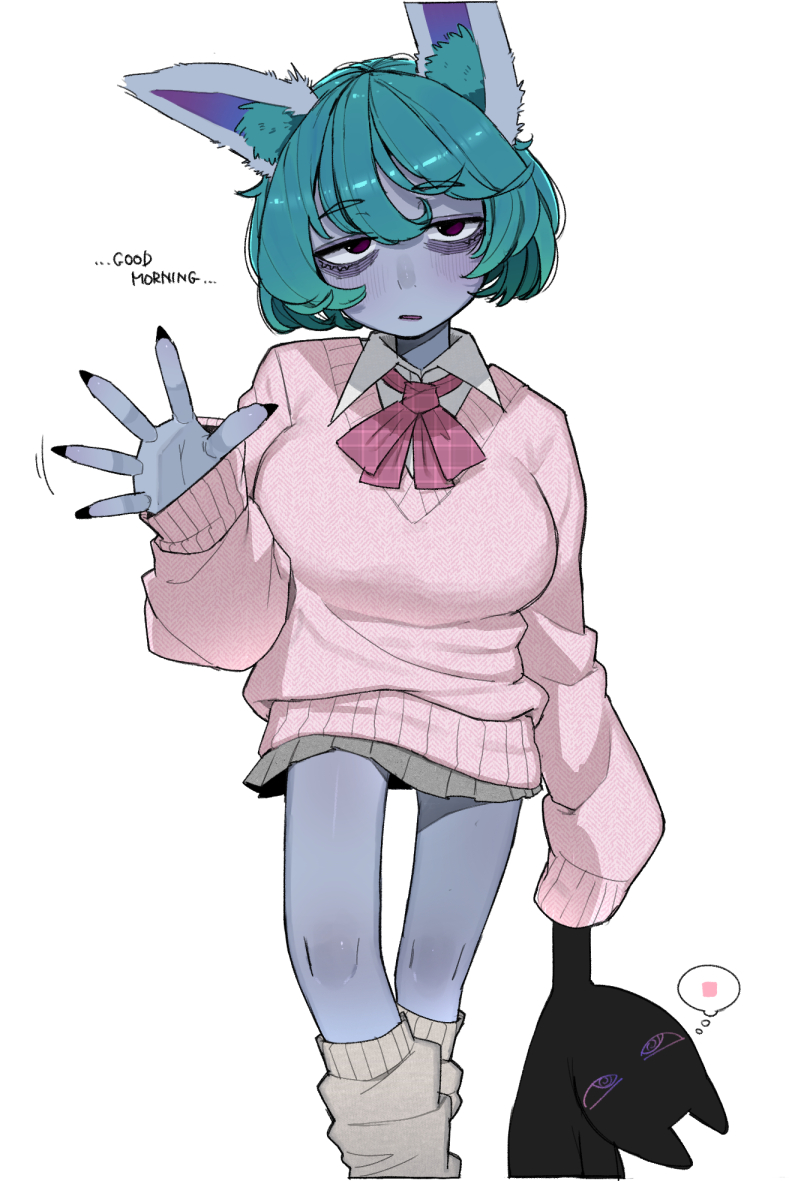 1girls, animal ears, big breasts, breasts, dialogue, ear tuft, english text, eye bags, female, female only, green hair, greeting, grey skin, league of legends, looking at viewer, medium hair, narrowed eyes, ohasi, petite, riot games, shadow (lol), solo, sweater, talking to viewer, vex (league of legends), white background, yordle