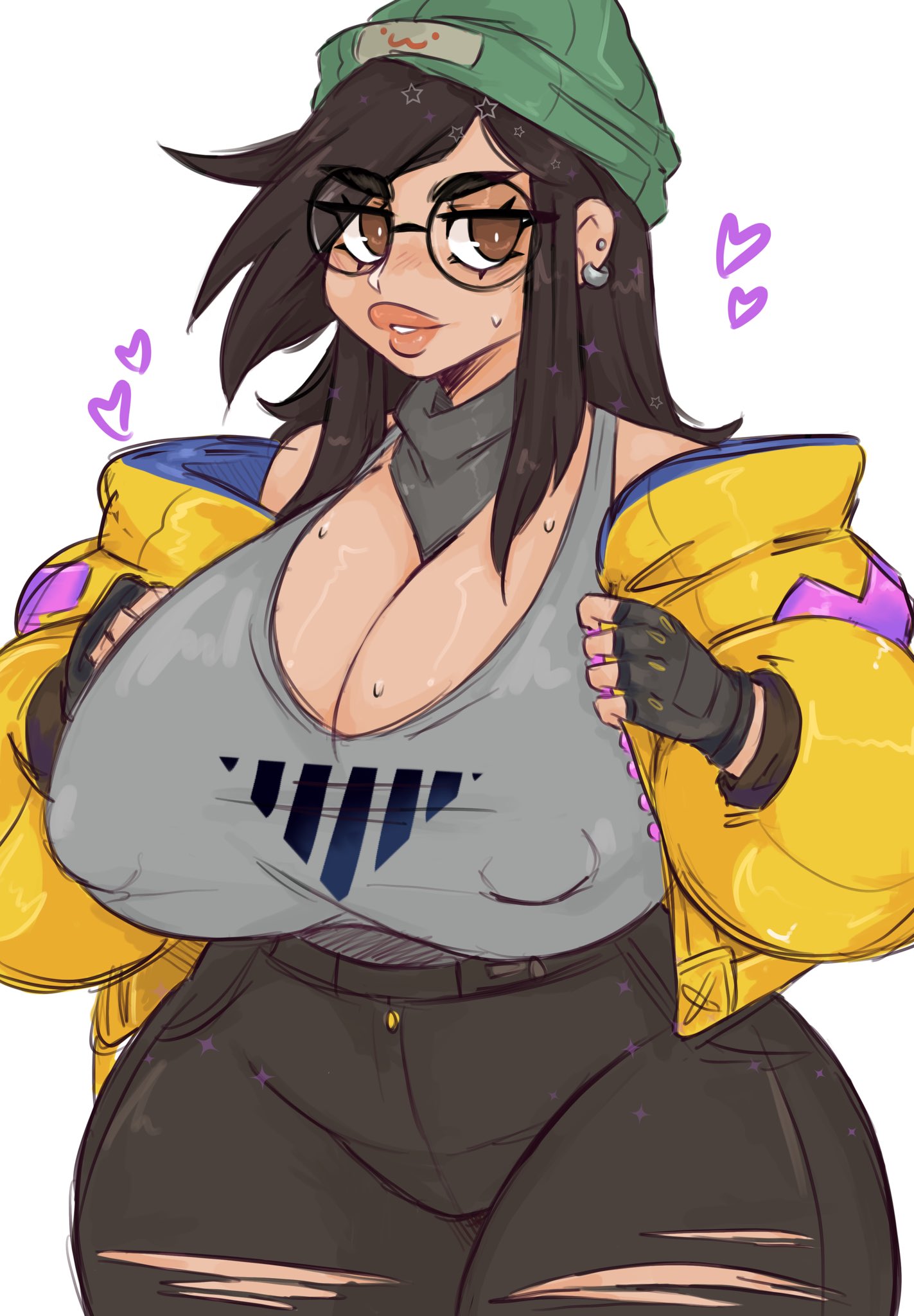 1girls, black hair, breasts, brown eyes, brown hair, chubby, curvy, dark hair, female, fingerless gloves, glasses, huge breasts, huge thighs, killjoy (valorant), light skin, light-skinned female, looking at viewer, obese, solo, spookiebuni, sweat, thick, thick thighs, valorant, voluptuous