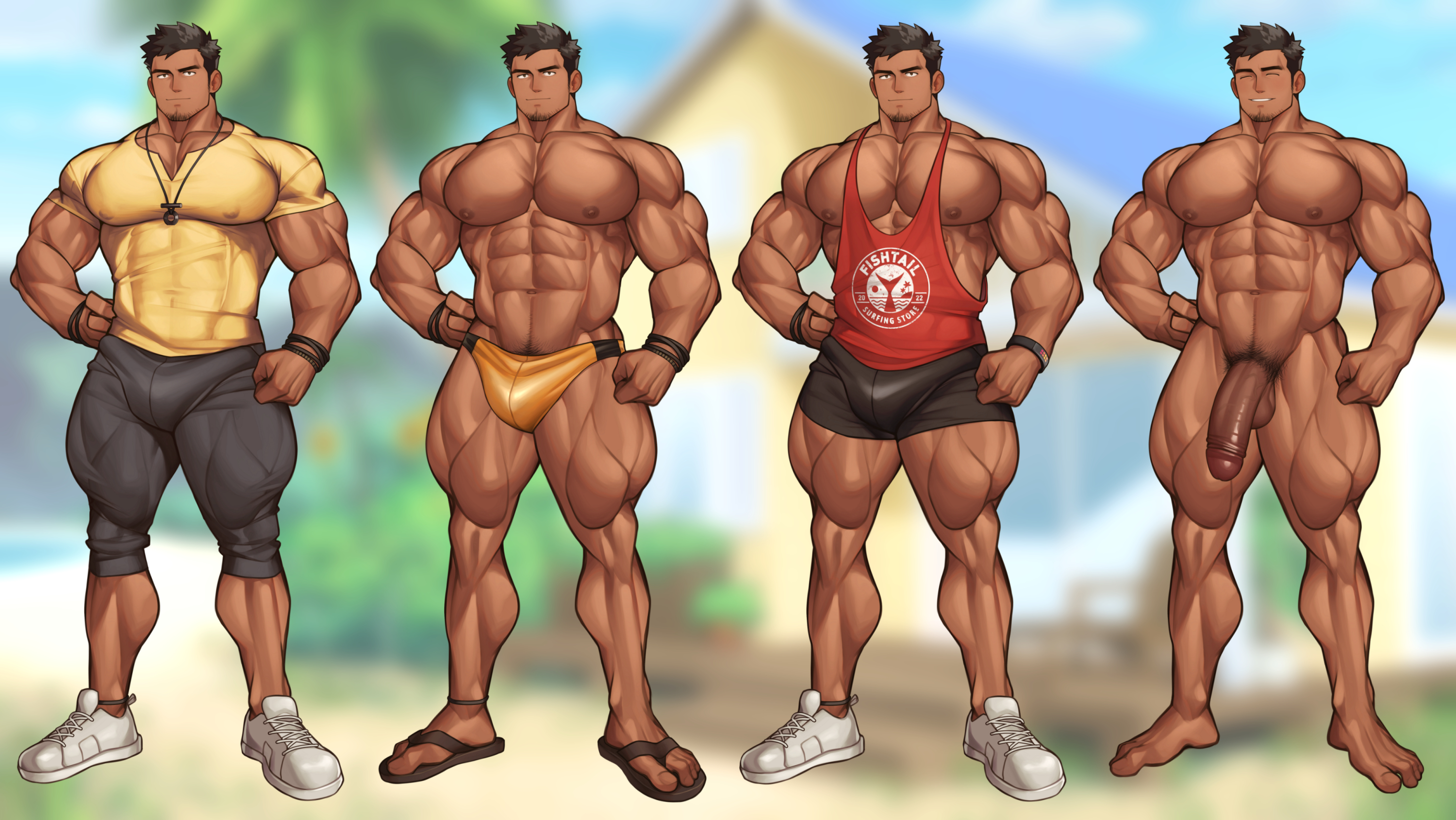 abs, biceps, male, male focus, male only, muscles, muscular, muscular arms, muscular ass, muscular back, muscular legs, muscular male, muscular thighs, nipples, pecs, penis, ruisselait, tranquility sunny getaway, veins, veiny penis
