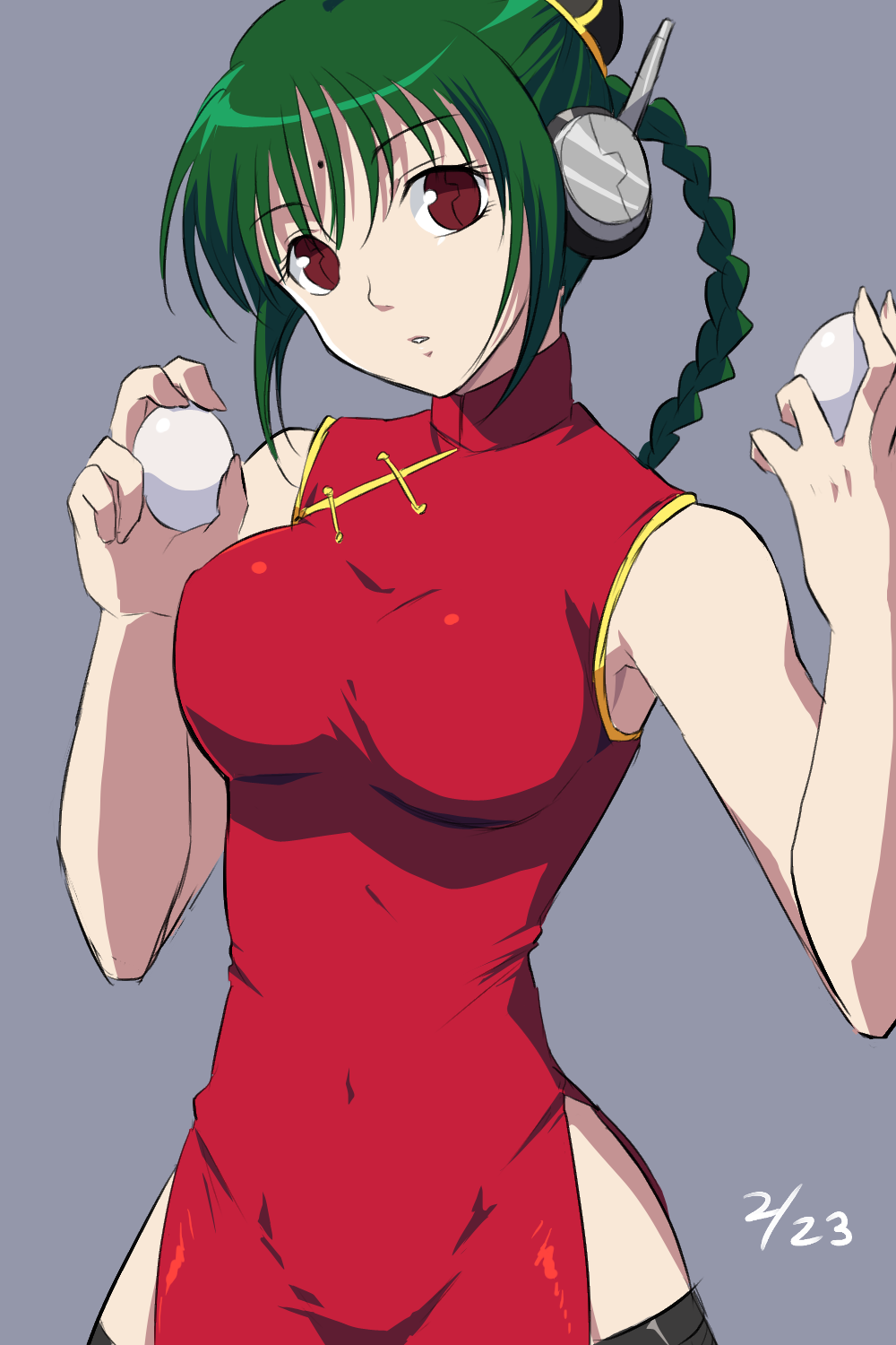 android braid braided_hair braided_ponytail china_dress chinese_clothes egg eggs female female_only food forehead_mark fully_clothed ginkamiaki gintama green_hair headphones kagura_(gintama)_(cosplay) long_hair looking_at_viewer medium_breasts mole official_alternate_costume red_dress red_eyes robot_girl side_slit single_braid sleeveless solo tama_(gintama) thighhighs