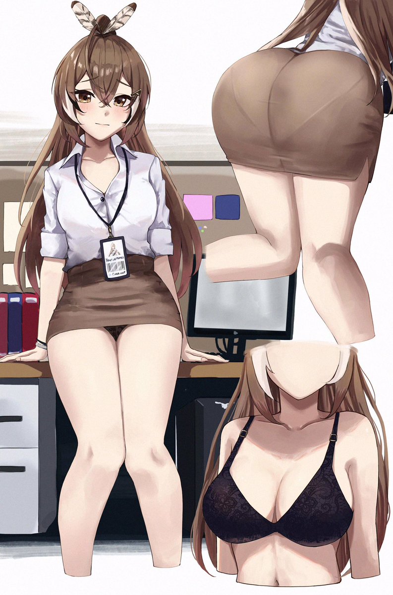 1girls, bent over, big breasts, black bra, breasts, brown hair, faceless female, female, female only, hair ornament, hololive, hololive english, hololive english -council-, hololive english -promise-, large breasts, light skin, light-skinned female, nanashi mumei, office, office lady, pantylines, see-through clothing, skirt, solo, vicarious (vicillust), virtual youtuber