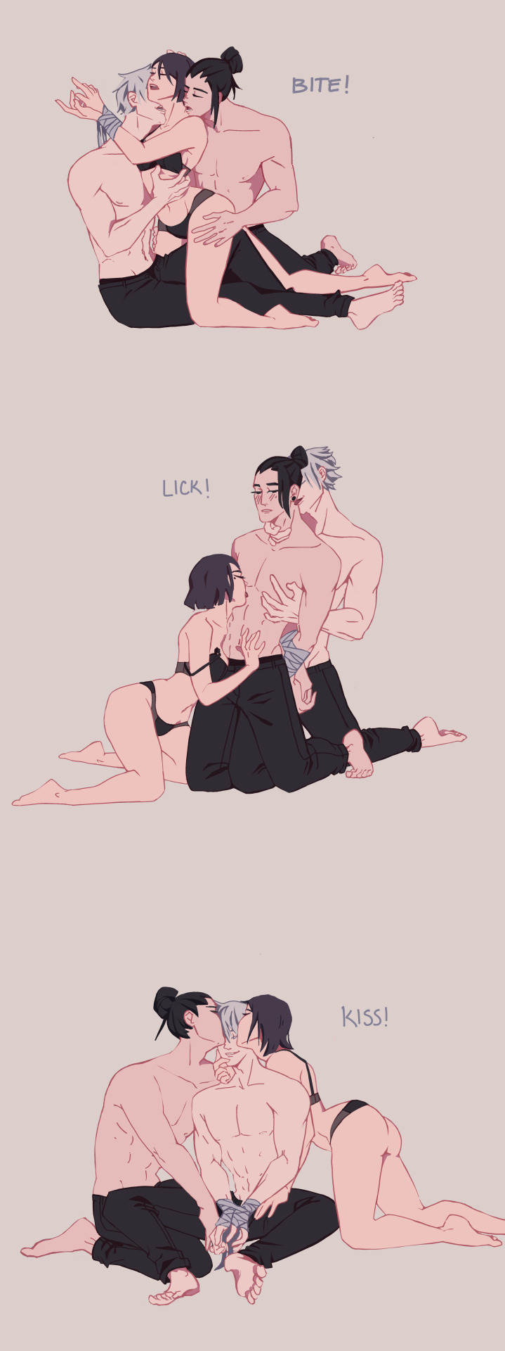 1girls, 2boys, arms behind back, arms tied, bisexual, bisexual male, bite, black hair, black-haired female, black-haired male, female, jujutsu kaisen, licking, male, neck bite, panties, polyamory, sandwiched, satoru gojo, shirtless, shoko ieiri, suguru geto, threesome, underwear, white hair, white-haired male