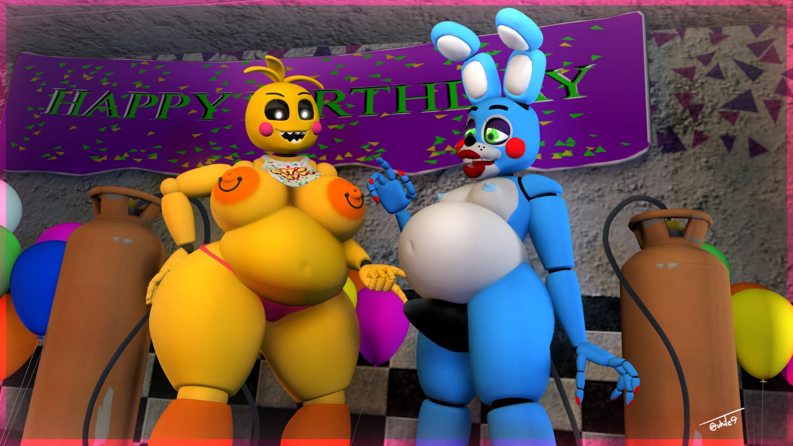 3d 3d_(artwork) air_inflation air_tank belly_expansion birthday five_nights_at_freddy's fnaf inflation pierced_nipples piercings tagme toy_bonnie_(fnaf) toy_chica_(fnaf) vhite9