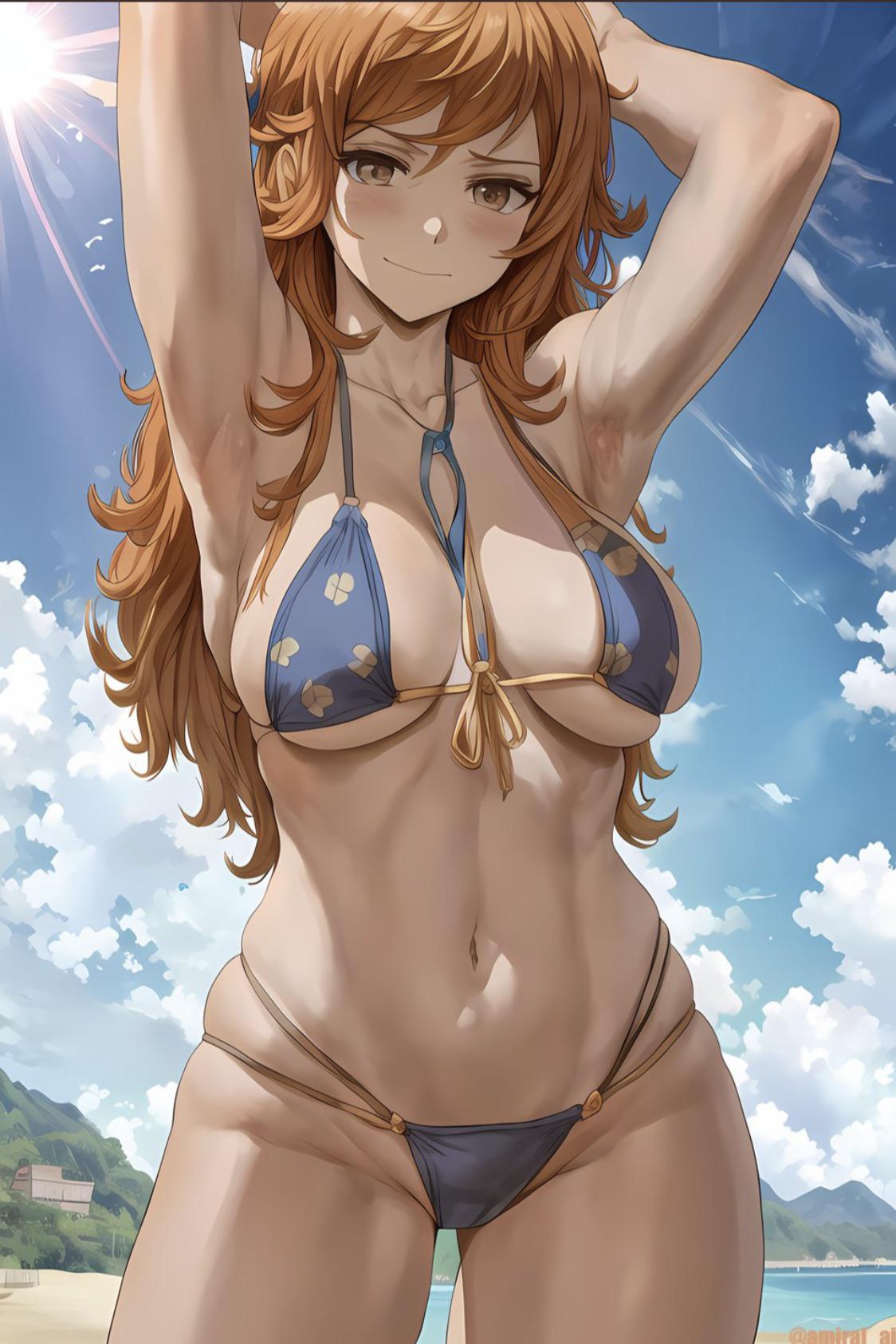1girls, ai generated, armpits, arms behind head, beach, big breasts, bikini, blush, breasts, brown eyes, busty, child bearing hips, female, female only, large breasts, legs, long hair, looking at viewer, nami (one piece), ocean, one piece, orange hair, pose, posing, post-timeskip, seductive, seductive smile, sensual, sexy armpits, smile, thick thighs, thighs, toned, water