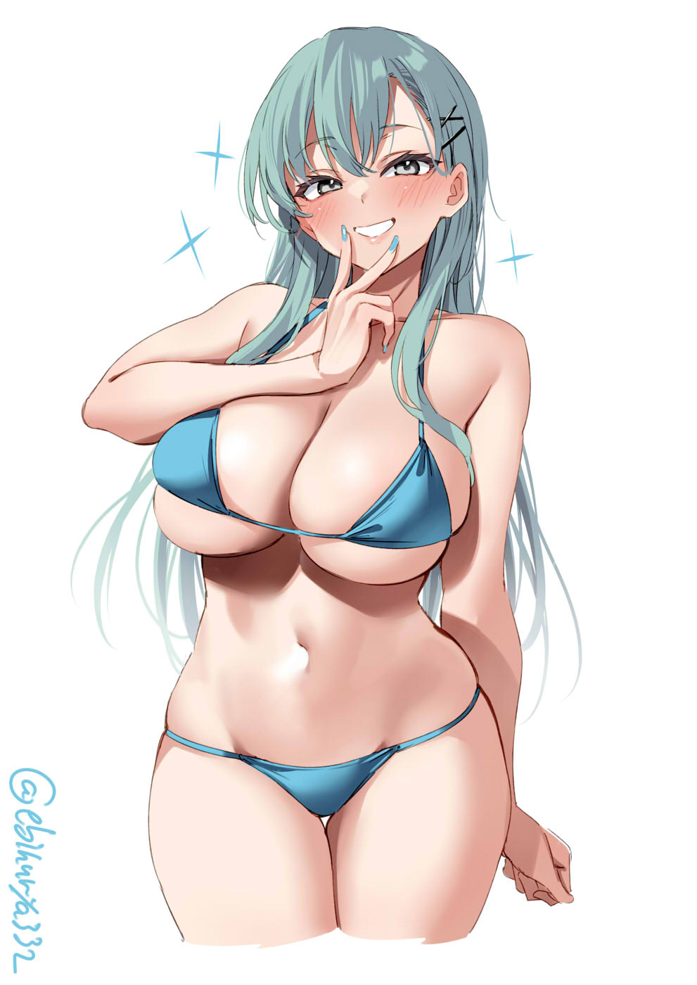 1girls aqua_bikini aqua_eyes aqua_hair aqua_nails bangs bare_shoulders bikini blush breasts cleavage collarbone cowboy_shot cropped_legs ebifurya female grin hair_between_eyes hair_ornament hairclip highres kantai_collection large_breasts light-skinned_female light_skin long_hair looking_at_viewer nail_polish navel one-hour_drawing_challenge simple_background skindentation smile solo sparkle suzuya_(kantai_collection) swimsuit thigh_gap thighs twitter_username underboob v v_over_mouth white_background