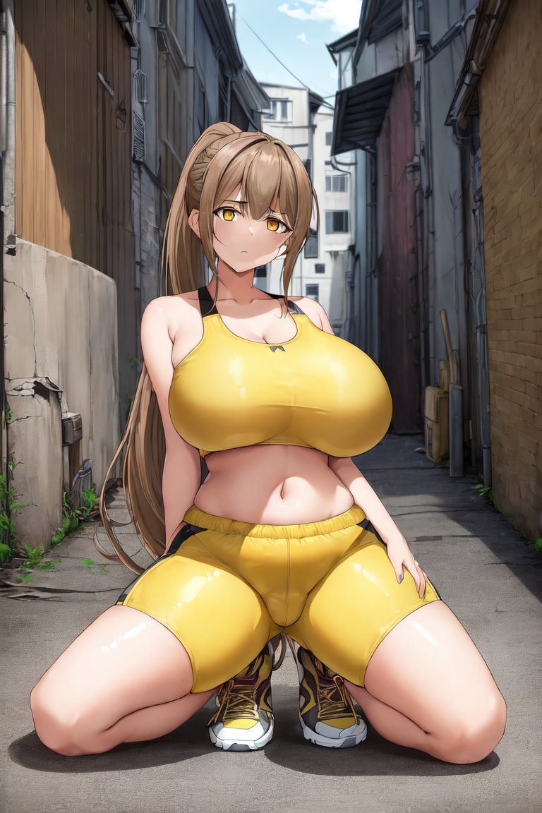 ai_generated amagi_brilliant_park back_alley backalley big_breasts brown_hair city crop_top gym_shorts huge_breasts kneeling light_brown_hair looking_at_viewer midriff navel ponytail sento_isuzu sportswear spread_legs thick_thighs town urban yellow_clothing yellow_eyes