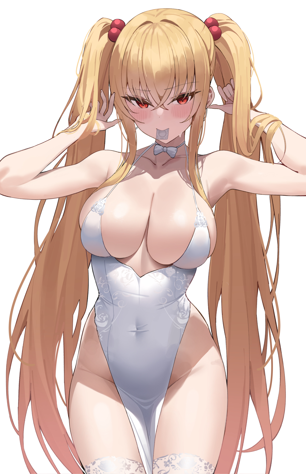 1girls blonde_hair breasts condom condom_in_mouth dress female grin hips huge_breasts k_pring large_breasts light-skinned_female light_skin long_hair naughty_face no_bra no_panties original original_character red_eyes revealing_clothes sayuri_(k_pring) slim_waist smile suggestive_look thick_thighs thighs twintails unopened_condom_wrapper wide_hips