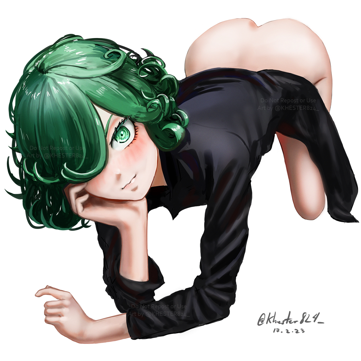 1girls, ass, ass out, female, female only, green eyes, green hair, khester824, looking at viewer, one-punch man, pale skin, posing, short hair, solo, tatsumaki, white background