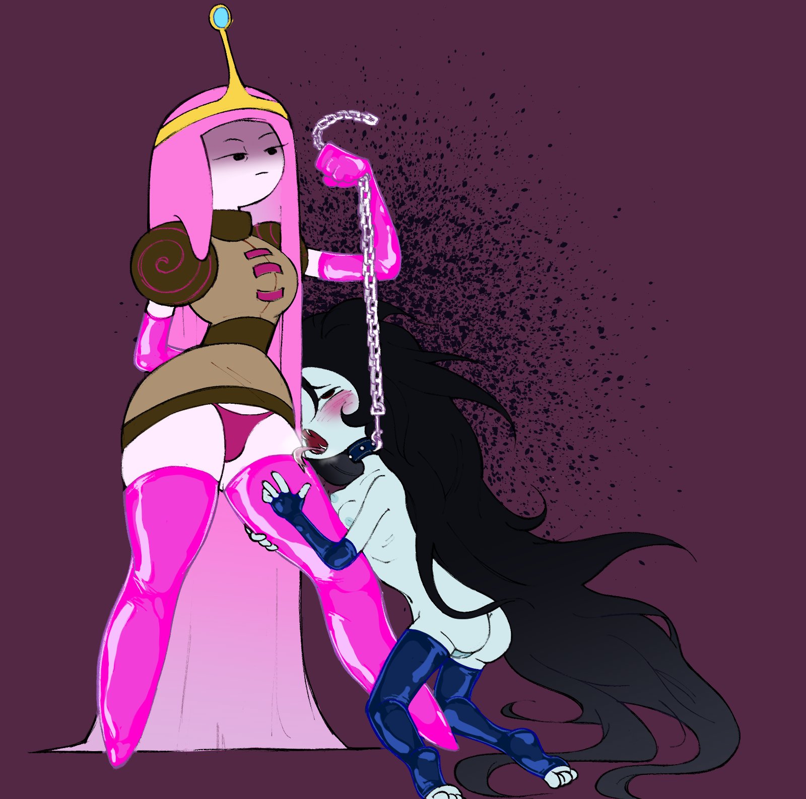 2girls, adventure time, black hair, blush, blushing, cartoon network, chain, chains, collar, female, female only, female/female, femdom, lesbian, lesbians, long hair, marceline, marceline abadeer, multiple females, multiple girls, nude, nude female, pink hair, princess bubblegum, yuri, zaza infused