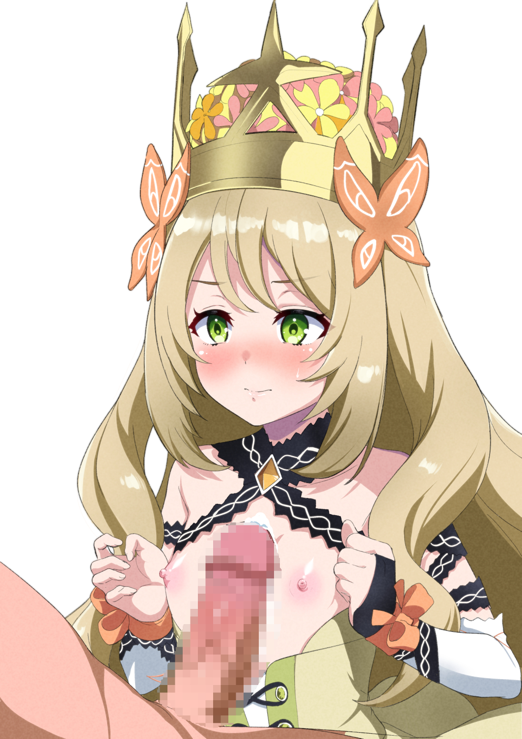 1boy, 1girls, blonde hair, blush, breast press, breasts, butterfly hair ornament, celine (fire emblem), censored, crown, cum, detached sleeves, dress, embarrassed, erect penis, female, female focus, fire emblem, fire emblem engage, flat chest, fuyumi kazuki, green eyes, hair ornament, highres, long hair, male, mosaic censoring, naizuri, nintendo, nipples, paizuri, penis, small breasts, solo focus, sweatdrop, upper body, white background