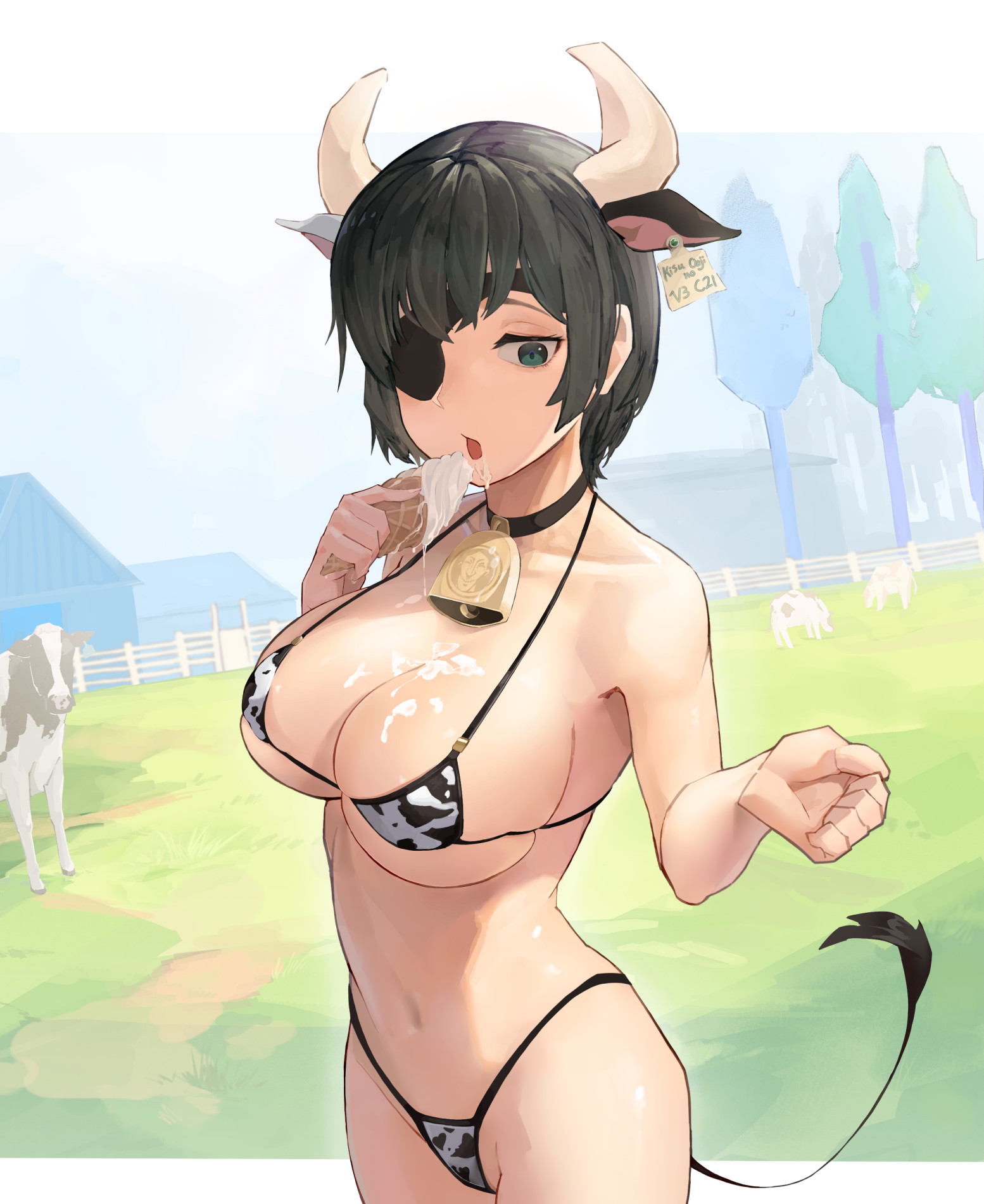 1girls, ass, big ass, big breasts, bikini, breasts, chainsaw man, cleavage, cow ears, cow print, cowbell, eko000ohce, female, female only, ghost devil (chainsaw man), himeno (chainsaw man), light skin, light-skinned female, micro bikini