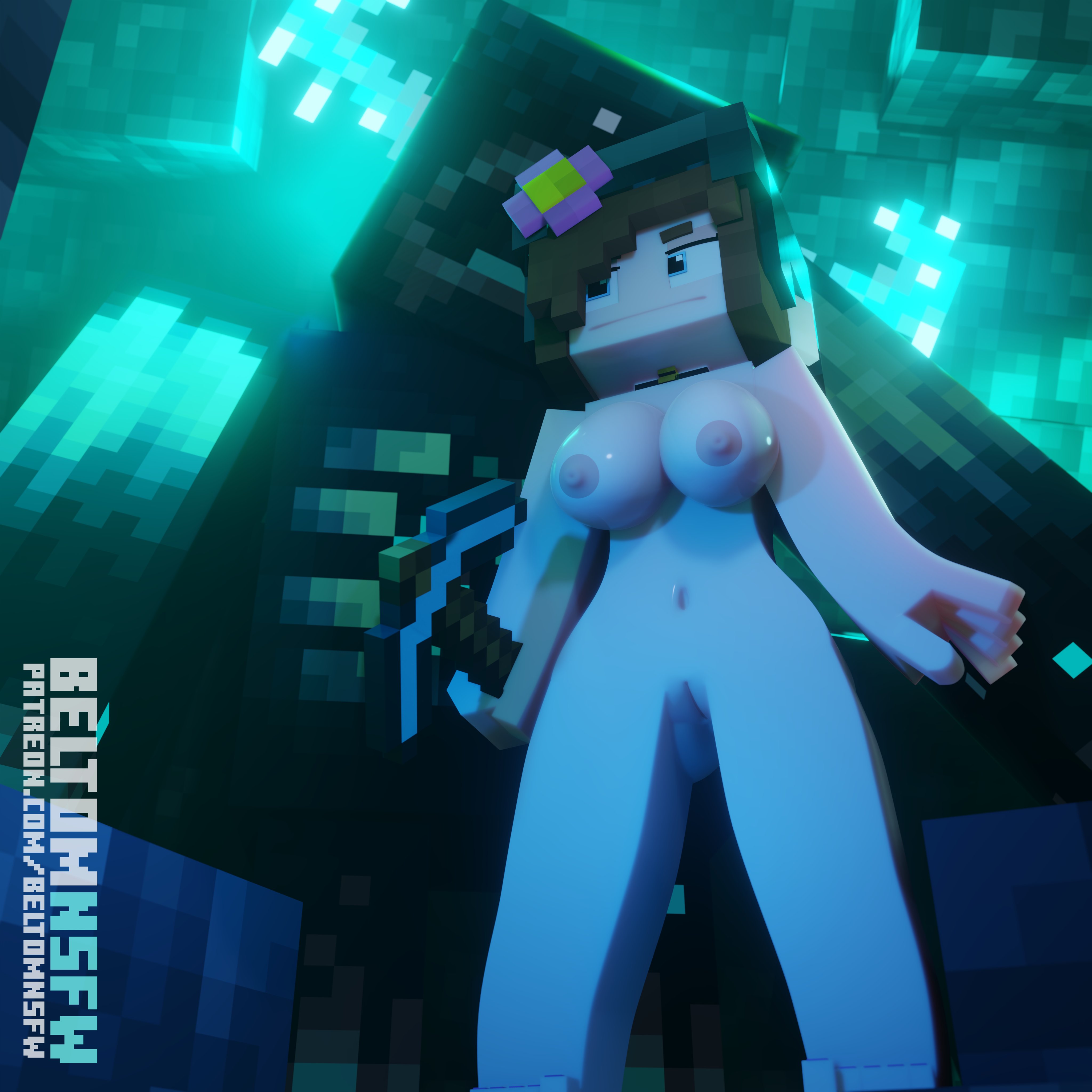 1boy, 1girls, 3d, beltomnsfw, blue eyes, brown hair, female, flower in hair, horny female, human female, humanoid, imminent sex, jenny belle (slipperyt), male, mine-imator, minecraft, monster, nude, nude female, outside, tagme, warden (minecraft)