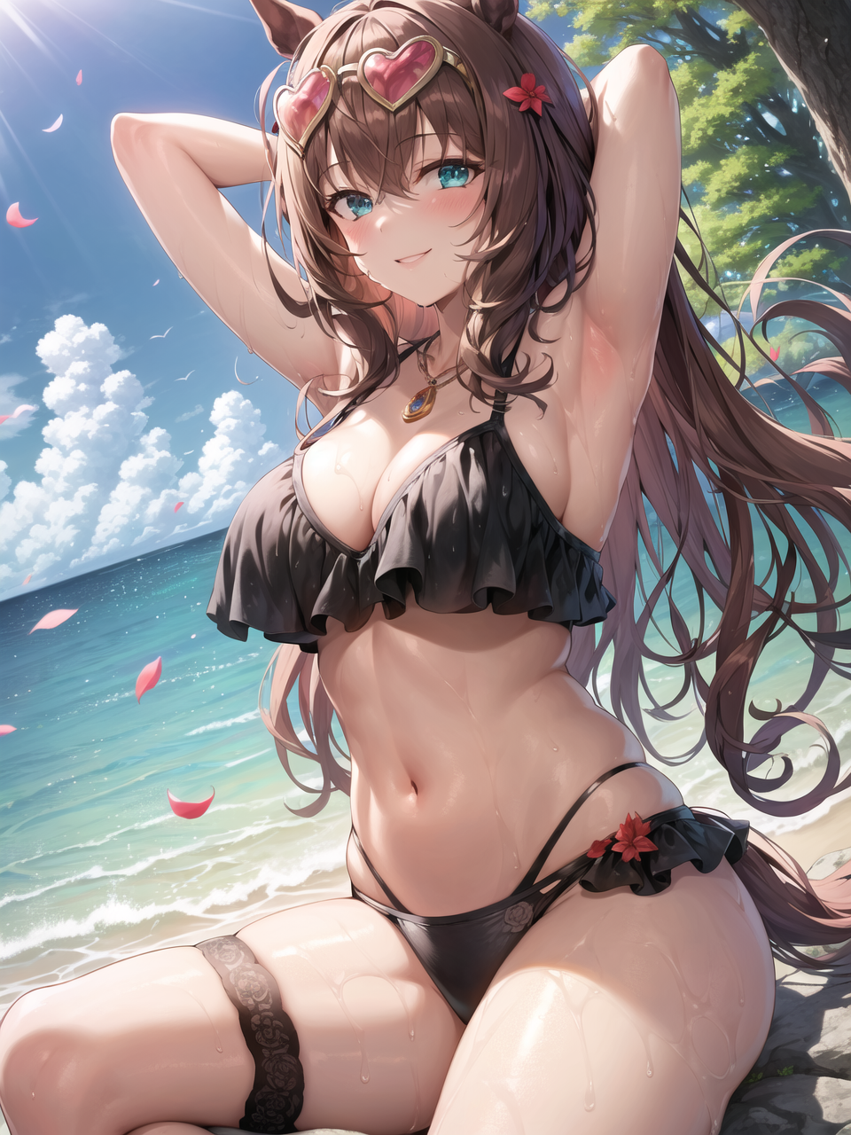 1girls ai_generated arms_behind_back arms_up bikini curvaceous curvy_body curvy_female curvy_figure female_focus female_only hi_res long_hair maruzensky_(umamusume) seductive_look sunglasses_on_head umamusume voluptuous voluptuous_female