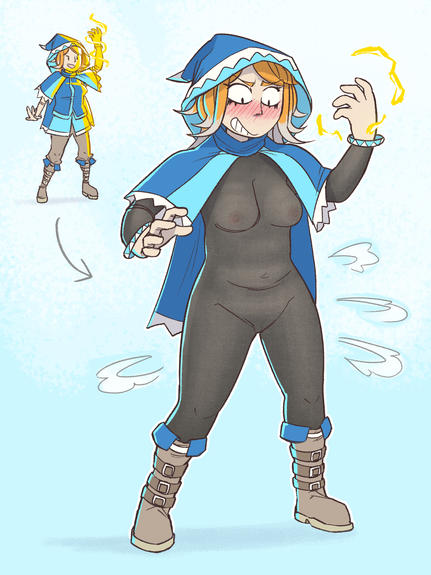 1girls, accidental exposure, blueregardtwo, blush, boots, breasts, cloak, embarrassed, embarrassed nude female, embarrassing outfit, enf, female, functionally nude, hood, looking at self, looking down, mage, magic, orange hair, transparent clothing, wardrobe malfunction