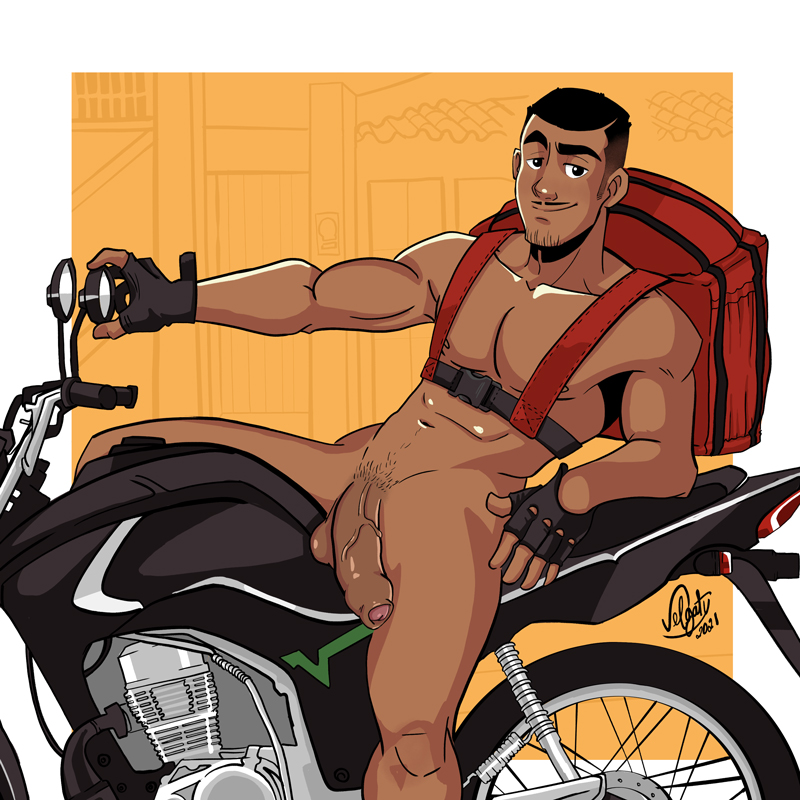 backpack boner cocky dark-skinned_male dark_skin delivery_boy erect_penis erection hard_on leaning_back looking_at_viewer male male_only manly melanin motorcycle muscles muscular muscular_male nude uncut veiny_penis velgaty