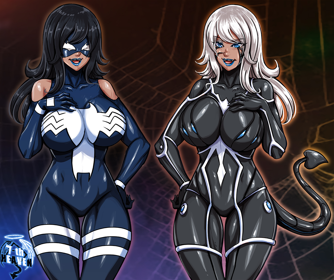 2girls, 7th-heaven, ass, black hair, breasts, female, kallyna (spacencakes), large ass, large breasts, marvel, marvel comics, mask, spider web, symbiote, tagme, thick thighs, venom, venom (marvel), white hair, wide hips