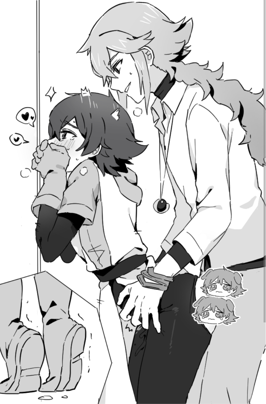 2boys 8o8c8o8 ahe_gao anal anal_sex censored clothed clothed_sex covering_mouth femboy gay grabbing_from_behind heart hilbert_(pokemon) hole_in_pants long_hair long_hair_male monochrome natural_harmonia_gropius pokemon pokemon_bw team_plasma tiptoes uniform yaoi