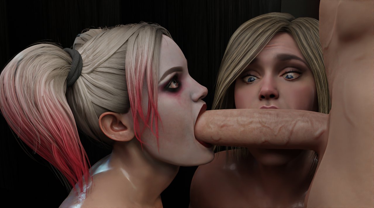 1boy, 2girls, 3d, abs, ass, batman (series), big ass, big breasts, blender, blonde hair, blowjob, blue eyes, breasts, bubble ass, bubble butt, collaborative fellatio, completely naked, completely nude, curvy, cute, dc, dc comics, eye contact, female, hands-free, harley quinn, harley quinn (injustice), huge cock, imminent deepthroat, injustice 2, kara zor-l, karen starr, kissing penis, large breasts, licking, licking penis, light skin, light-skinned male, long penis, looking at partner, looking at viewer, looking pleasured, male, nude, nude female, nude male, oiled, oiled skin, oral, penis, petite, pink nipples, power girl, power girl (injustice), red lipstick, seductive, seductive mouth, sharkmanrenders, shiny, shiny skin, side view, sucking, sucking penis, superman (series), teamwork, thick thighs, threesome, throat bulge, twintails, veiny penis