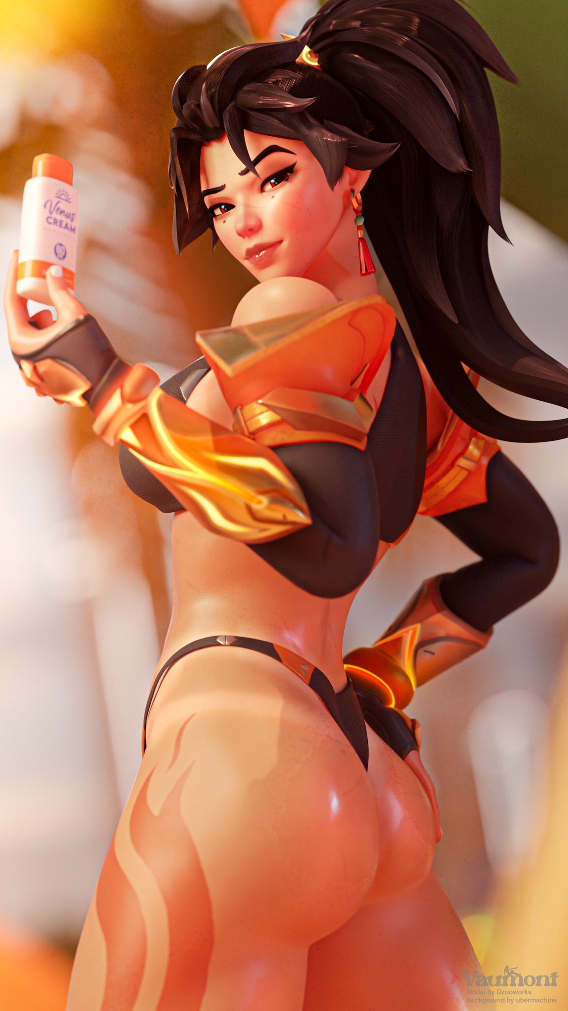 1girl, 3d, 3d (artwork), anran, anran ye, asian, asian female, beach, beach background, bikini, bikini bottom, bikini top, black hair, blender, bra, brown hair, brunette, clothed, clothing, light skin, light-skinned female, looking at viewer, new artist, overwatch, overwatch 2, panties, ponytail, posing, posing for the viewer, sexy, solo, solo female, solo focus, sunlight, sunscreen, tan, tan body, tan skin, tanline, tattoo, tattoos, wet