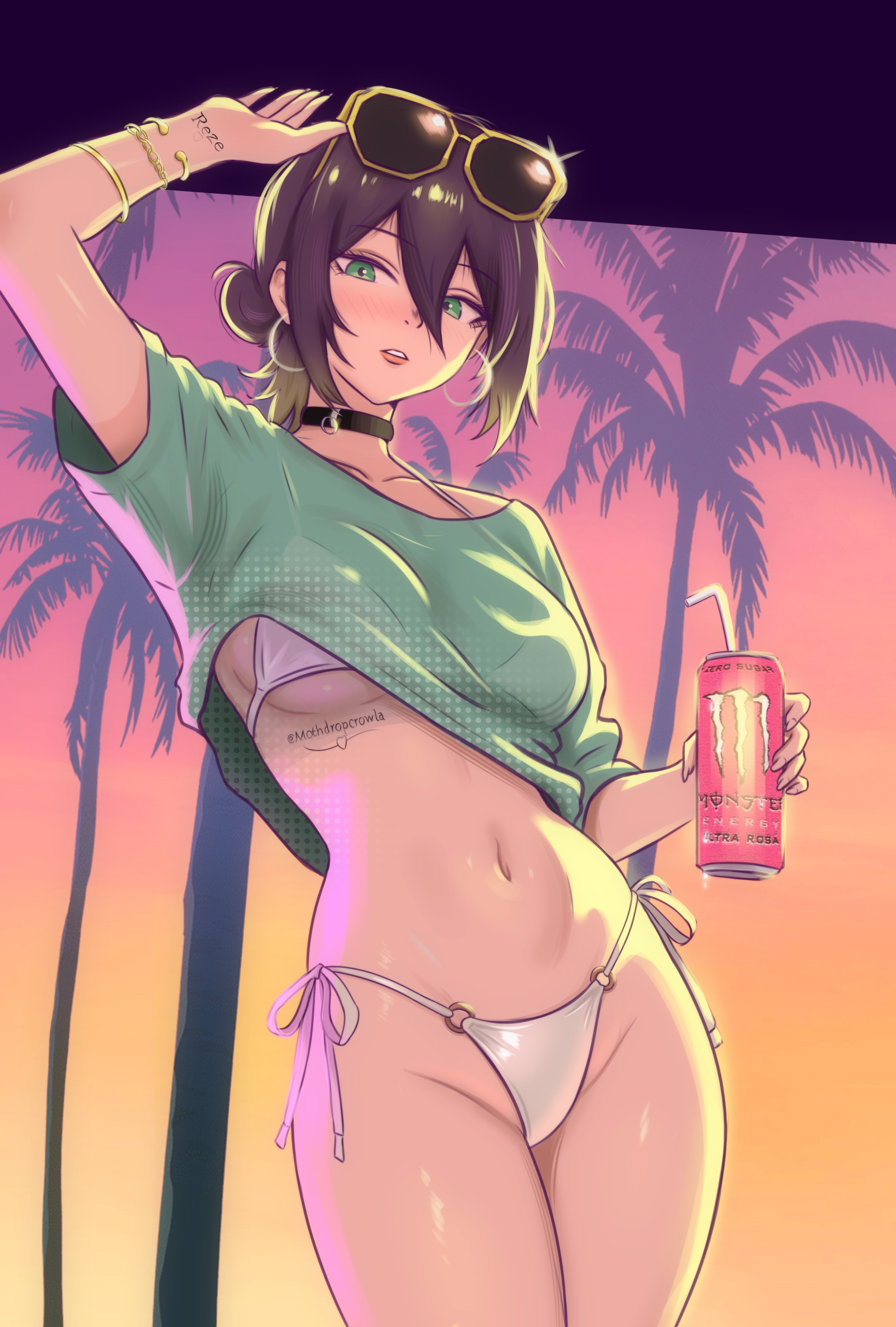 1girls, artist name, beautiful girl, bikini, blush, blushing, breasts, chainsaw man, collar, cosplay, crop top, crossover, female, female only, grand theft auto, grand theft auto vi, green eyes, gta vi cover girl, hair bun, hourglass figure, jewelry, looking at viewer, medium breasts, mothdropcrowla, navel, purple hair, reze (chainsaw man), shiny skin, short hair, slim waist, solo, solo female, standing, sunglasses, tattoo, thighs, watermark